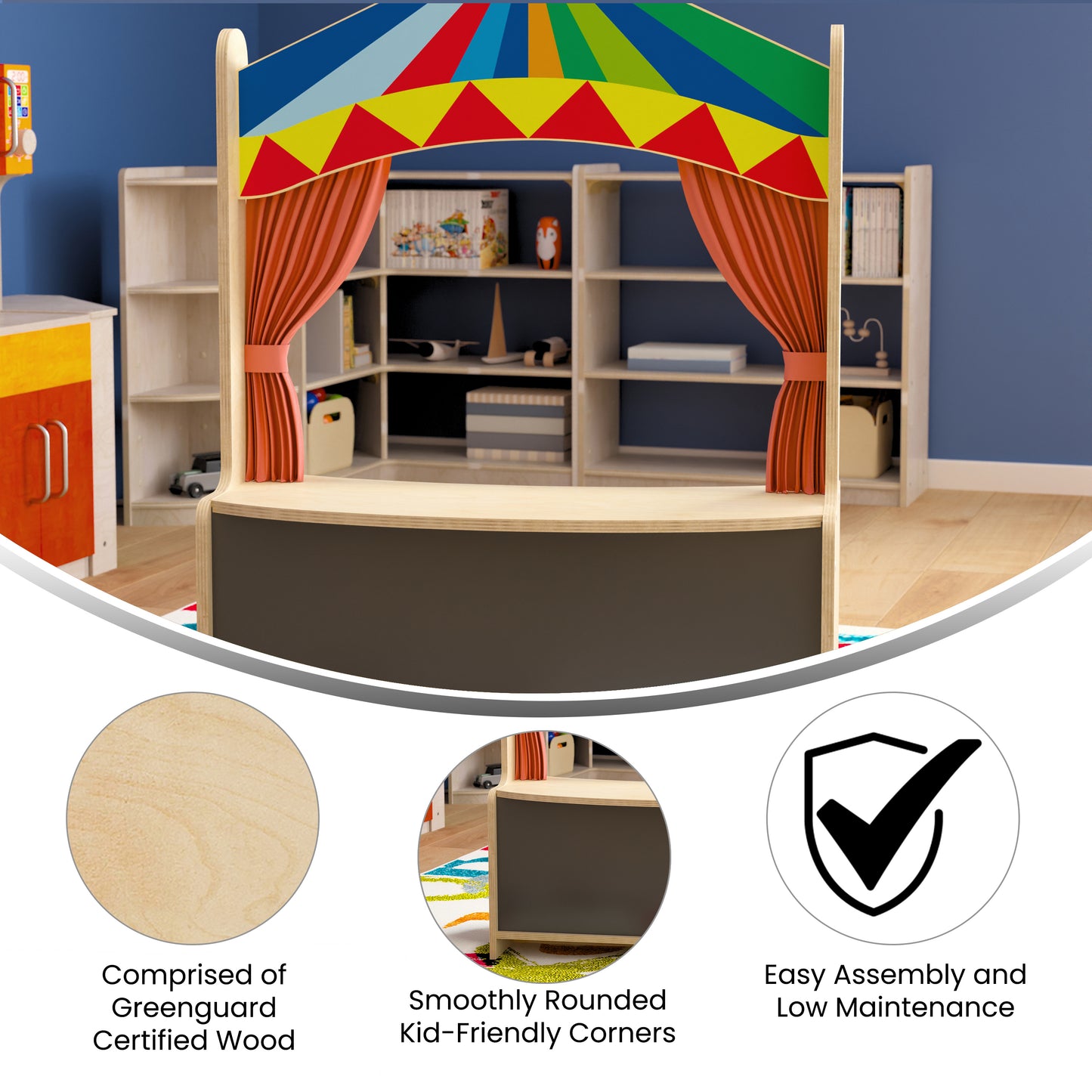 Bright Beginnings Wooden Puppet Theater with Removable Curtains and Bottom Magnetic Chalkboard, Natural Beech