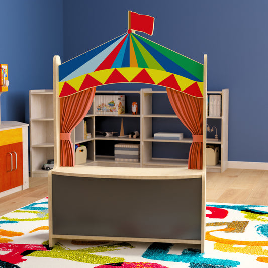 Bright Beginnings Wooden Puppet Theater with Removable Curtains and Bottom Magnetic Chalkboard, Natural Beech