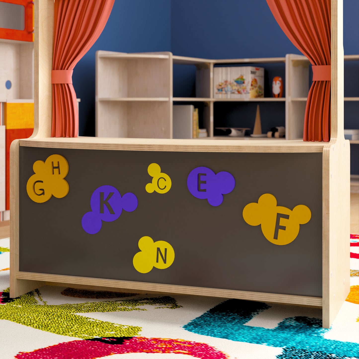 Bright Beginnings Wooden Puppet Theater with Removable Curtains and Bottom Magnetic Chalkboard, Natural Beech