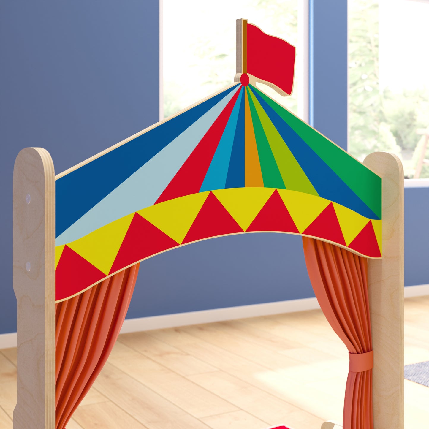 Bright Beginnings Wooden Puppet Theater with Removable Curtains and Bottom Magnetic Chalkboard, Natural Beech
