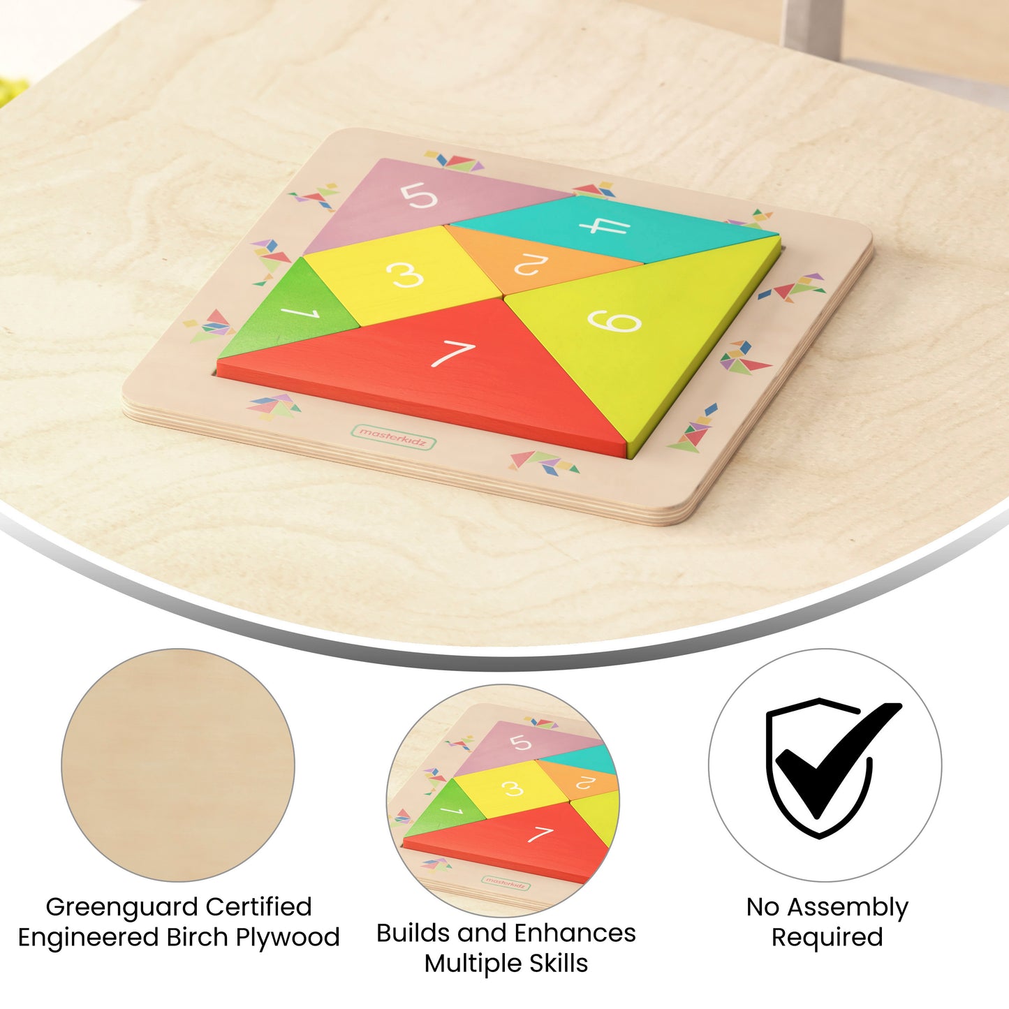 Bright Beginnings Commercial Grade Natural Birch Plywood STEM Tangram Shape Building Learning Board with Colorful Elements Beech