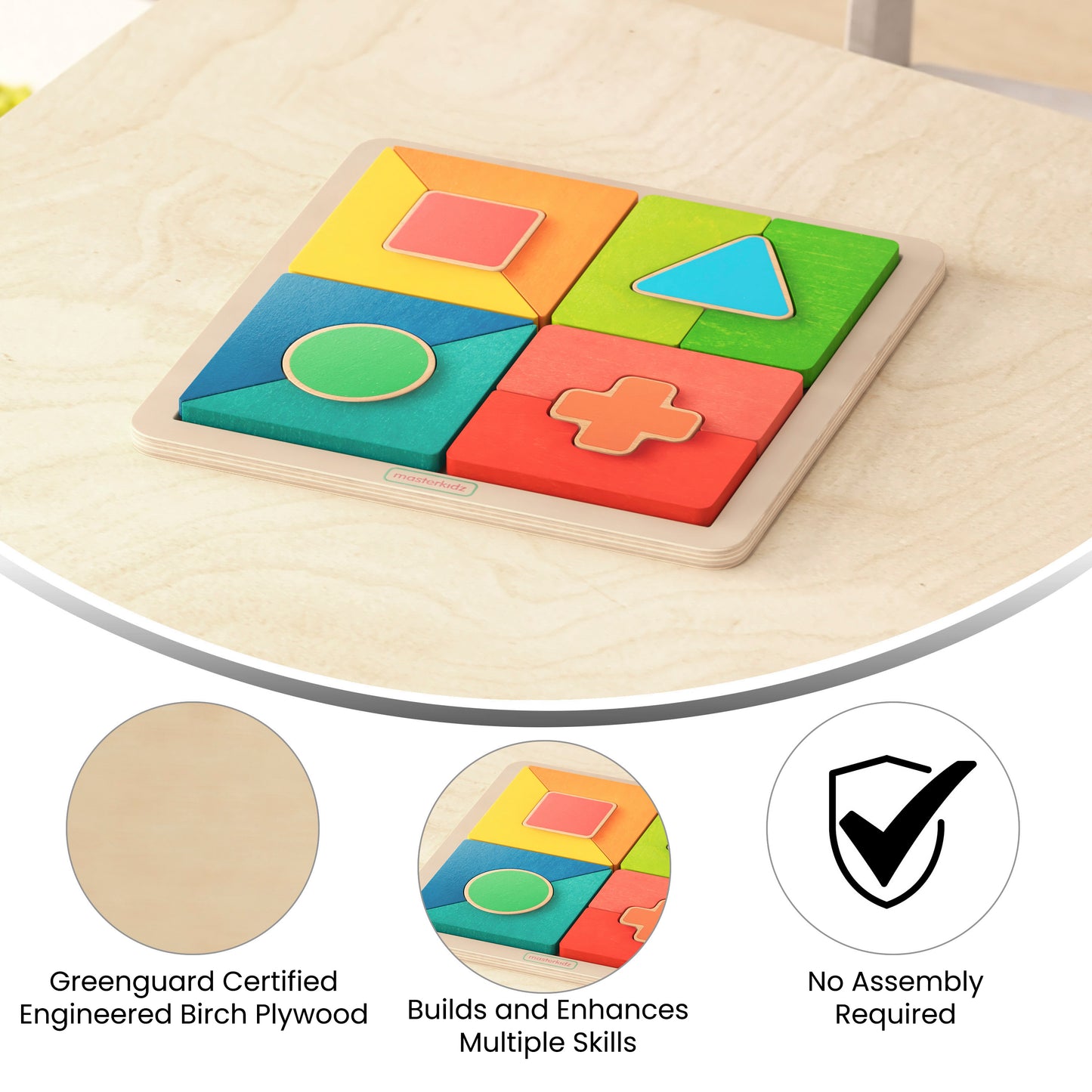 Bright Beginnings Commercial Grade Birch Plywood STEM Geometric Shape Building Puzzle Board, Natural/Multicolor Beech