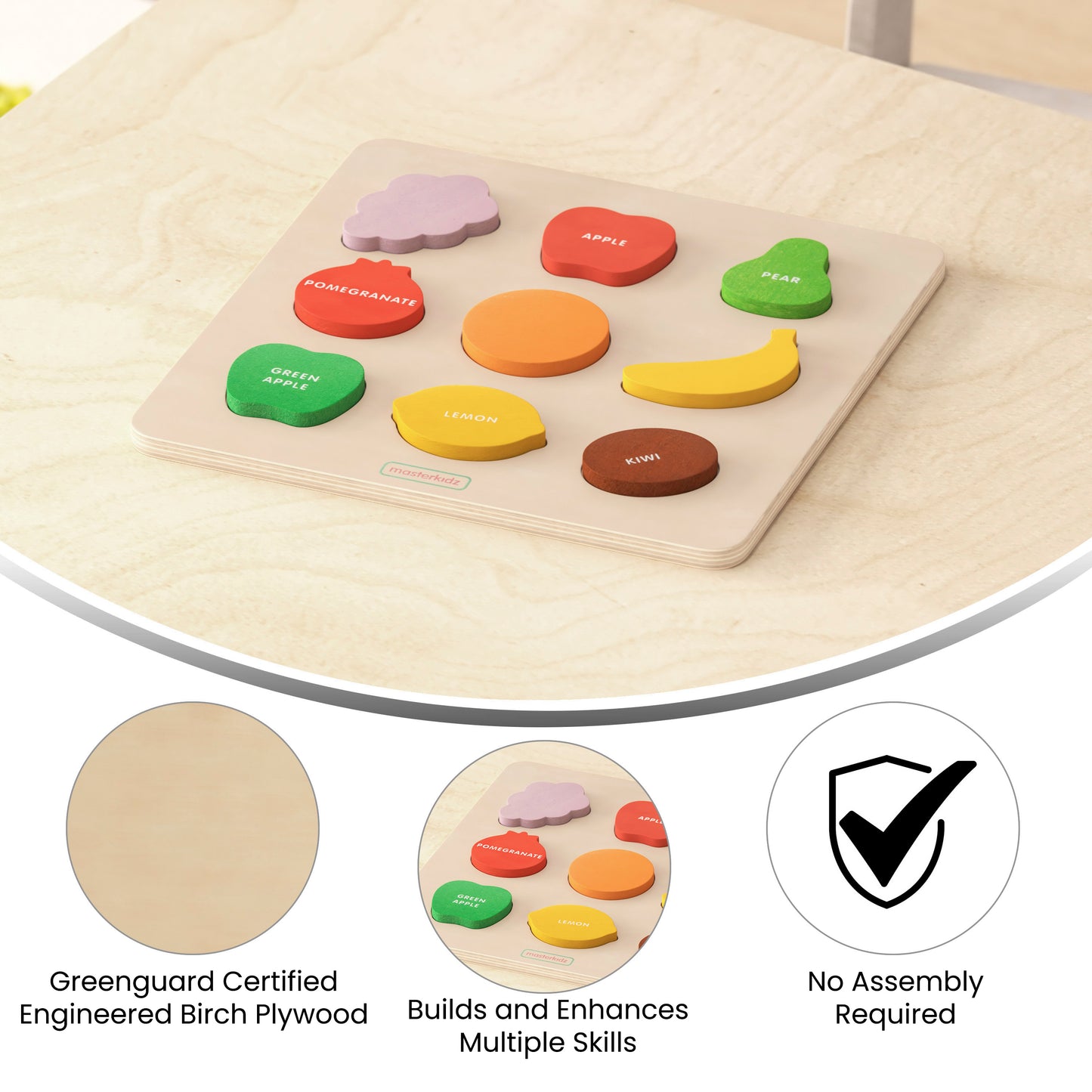 Bright Beginnings Commercial Grade Birch Plywood STEM Fruit Shapes Puzzle Board, Natural/Multicolor Beech