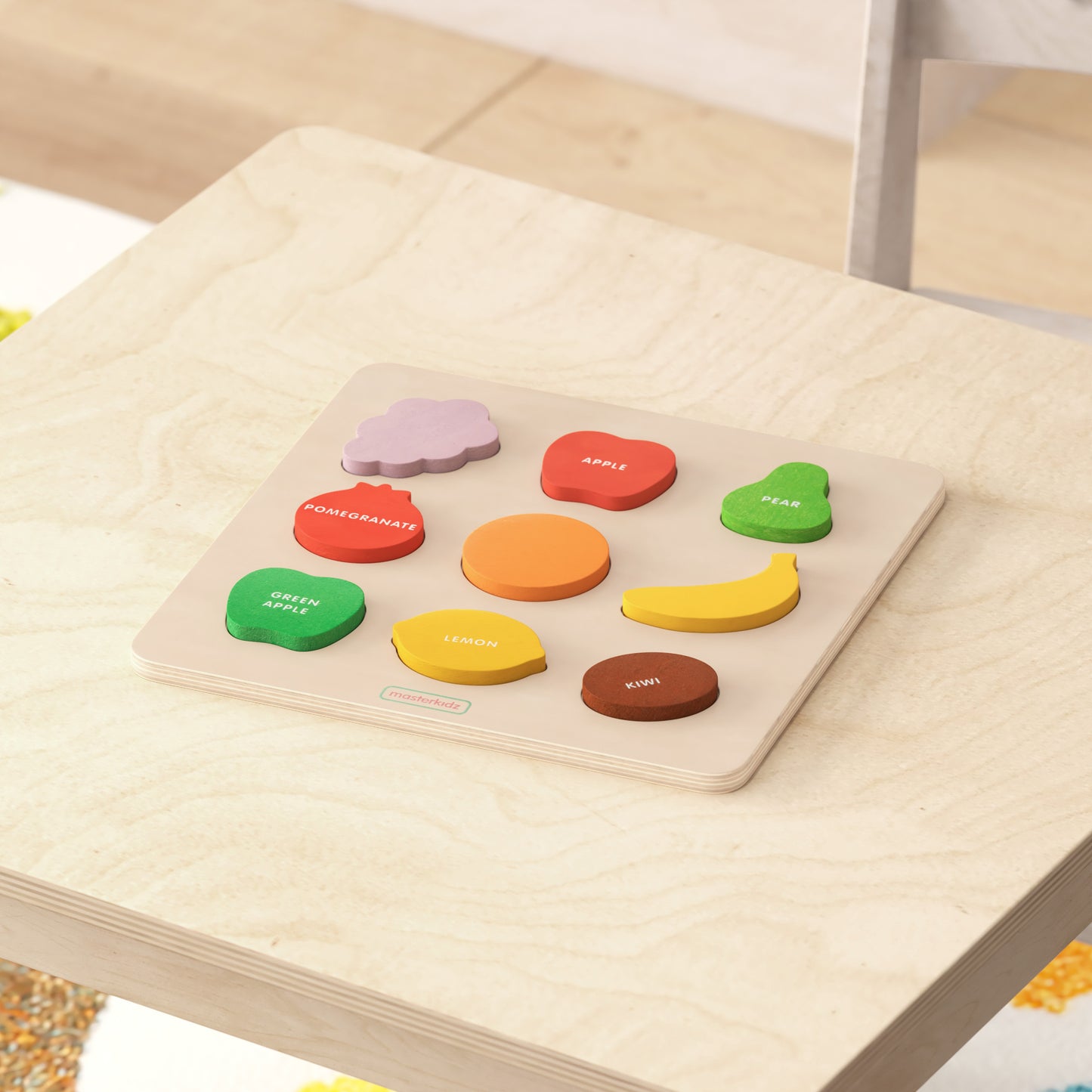 Bright Beginnings Commercial Grade Birch Plywood STEM Fruit Shapes Puzzle Board, Natural/Multicolor Beech