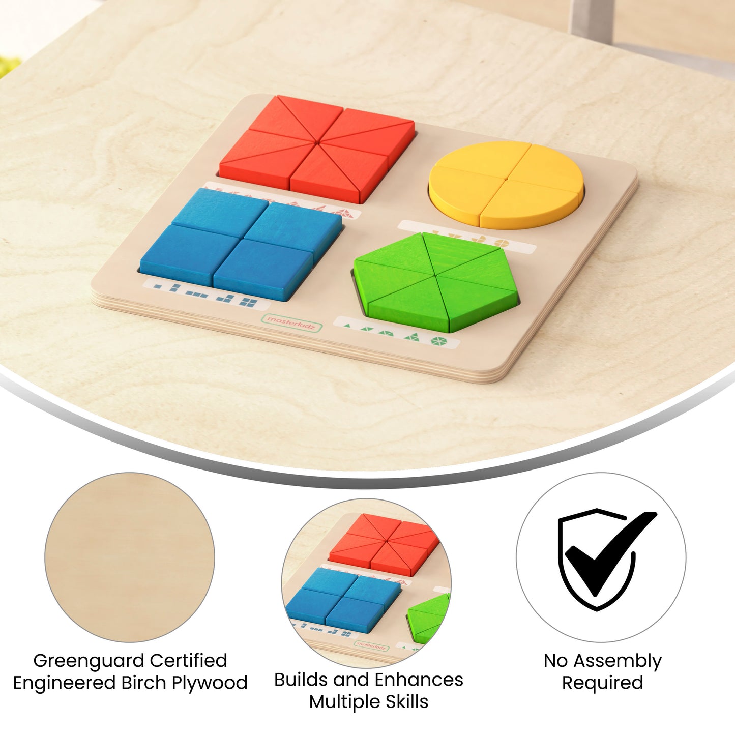 Bright Beginnings Commercial Grade Natural Birch Plywood STEM Geometric Shape Building Puzzle Board with Colorful Elements Beech