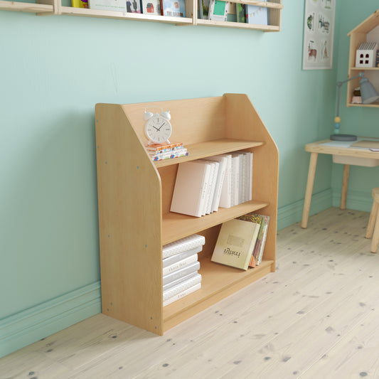 Hercules Natural Wooden 3 Shelf Book Display with Safe, Kid Friendly Curved Edges - Commercial Grade for Daycare, Classroom or Playroom Storage Natural