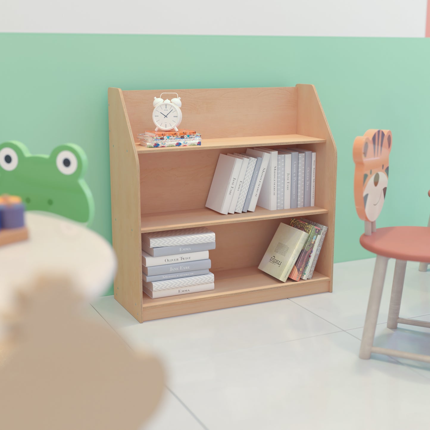 Hercules Natural Wooden 3 Shelf Book Display with Safe, Kid Friendly Curved Edges - Commercial Grade for Daycare, Classroom or Playroom Storage Natural