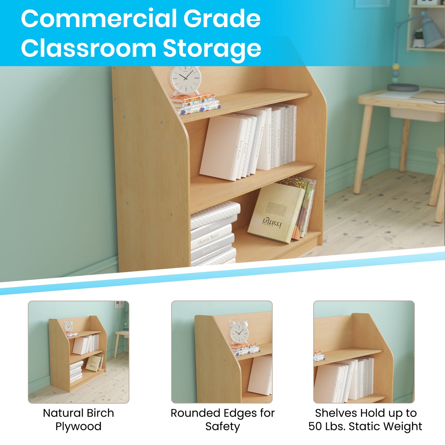 Hercules Natural Wooden 3 Shelf Book Display with Safe, Kid Friendly Curved Edges - Commercial Grade for Daycare, Classroom or Playroom Storage Natural