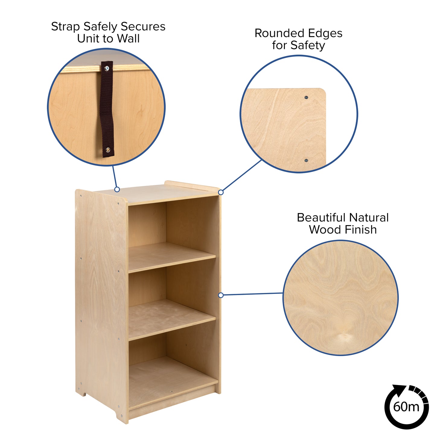 Hercules Wooden 3 Section School Classroom Storage Cabinet for Commercial or Home Use - Safe, Kid Friendly Design - 36"H (Natural) Natural