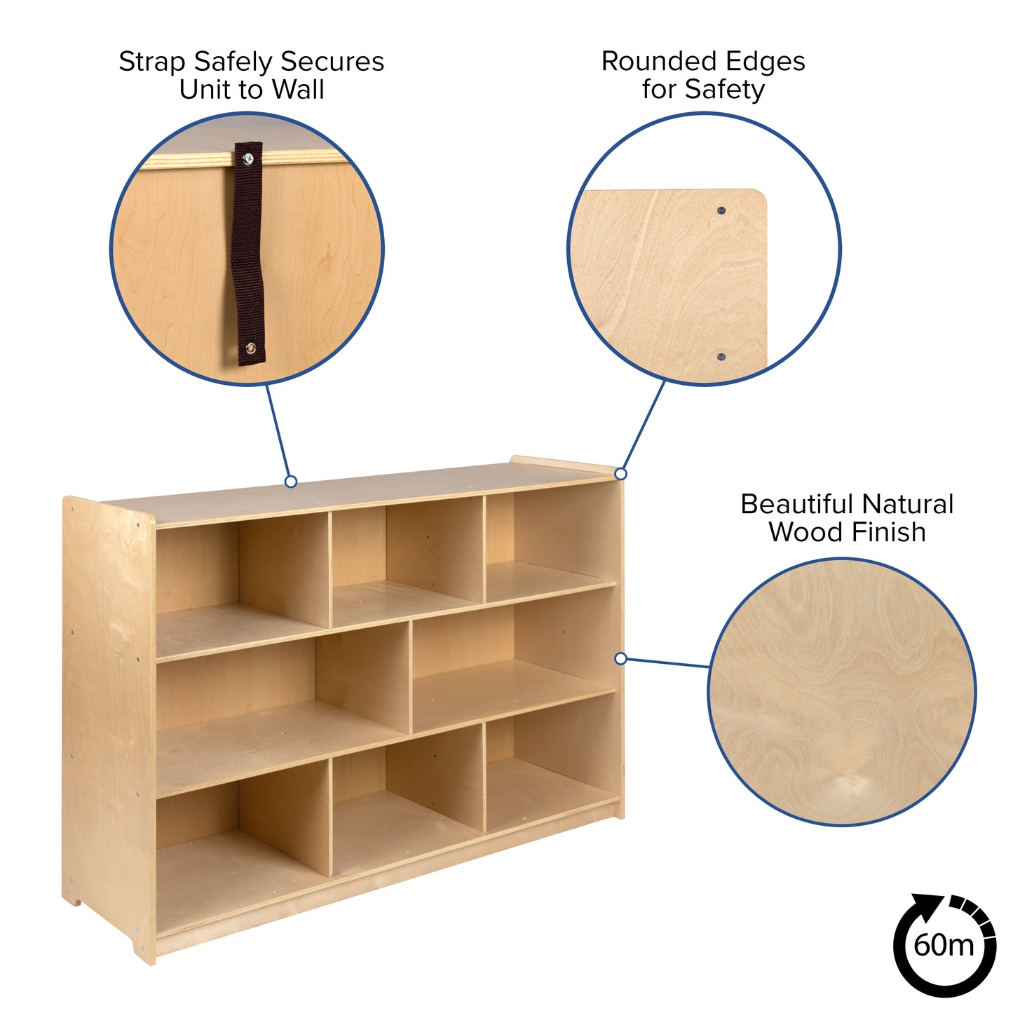 Hercules Wooden 8 Section School Classroom Storage Cabinet for Commercial or Home Use - Safe, Kid Friendly Design - 36"H (Natural) Natural