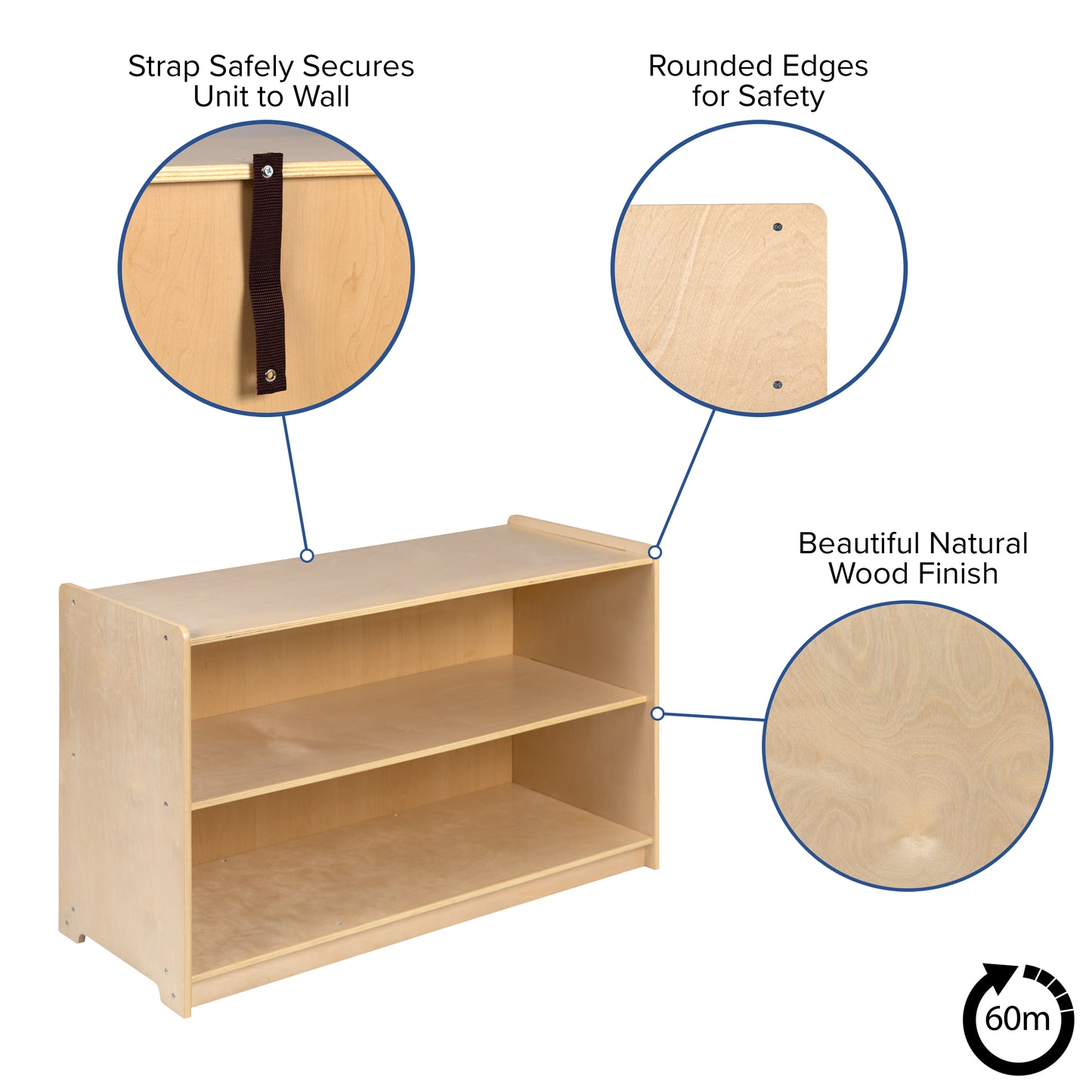 Hercules Wooden 2 Section School Classroom Storage Cabinet for Commercial or Home Use - Safe, Kid Friendly Design - 24"H x 36"L (Natural) Natural