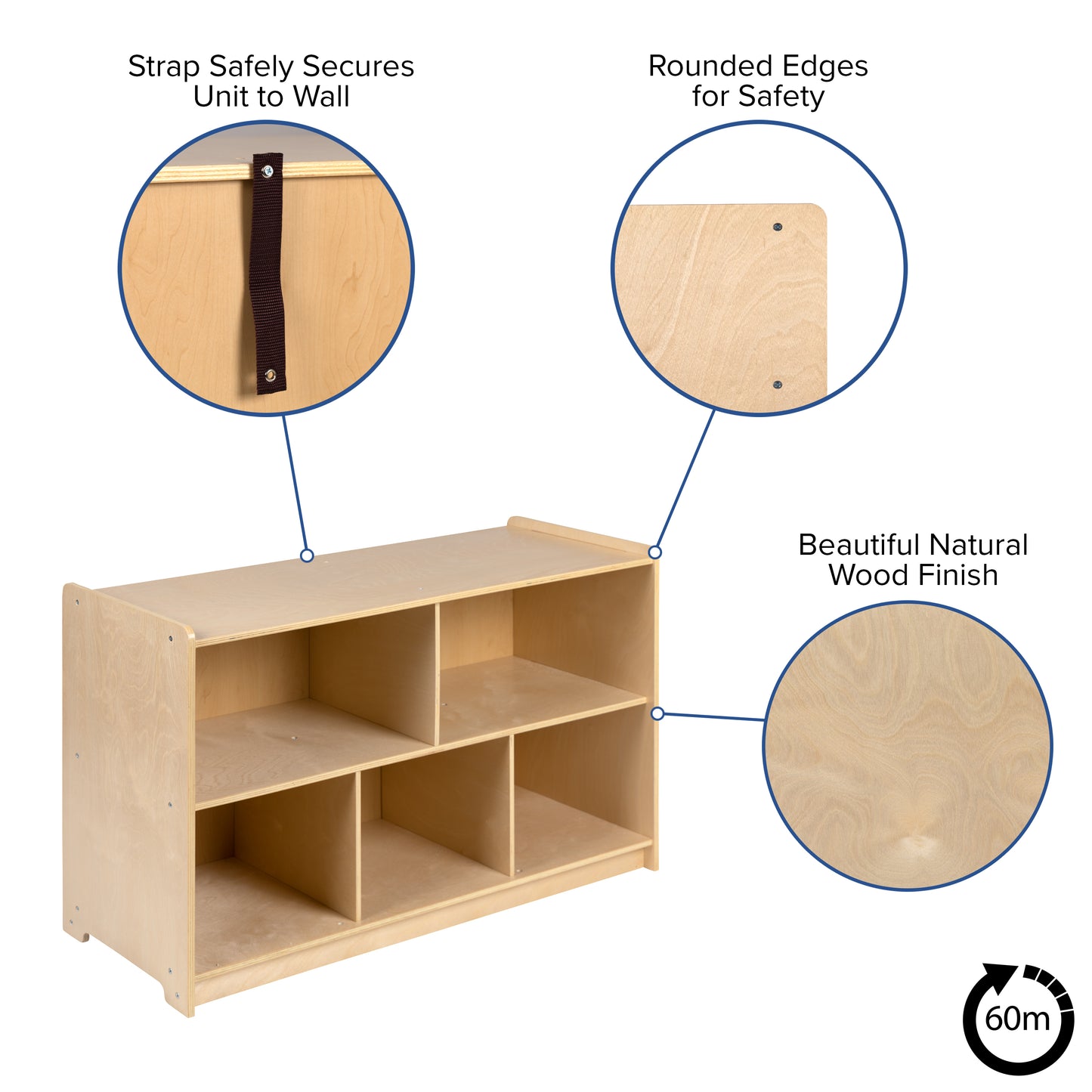 Hercules Wooden 5 Section School Classroom Storage Cabinet for Commercial or Home Use - Safe, Kid Friendly Design - 24"H x 36"L (Natural) Natural