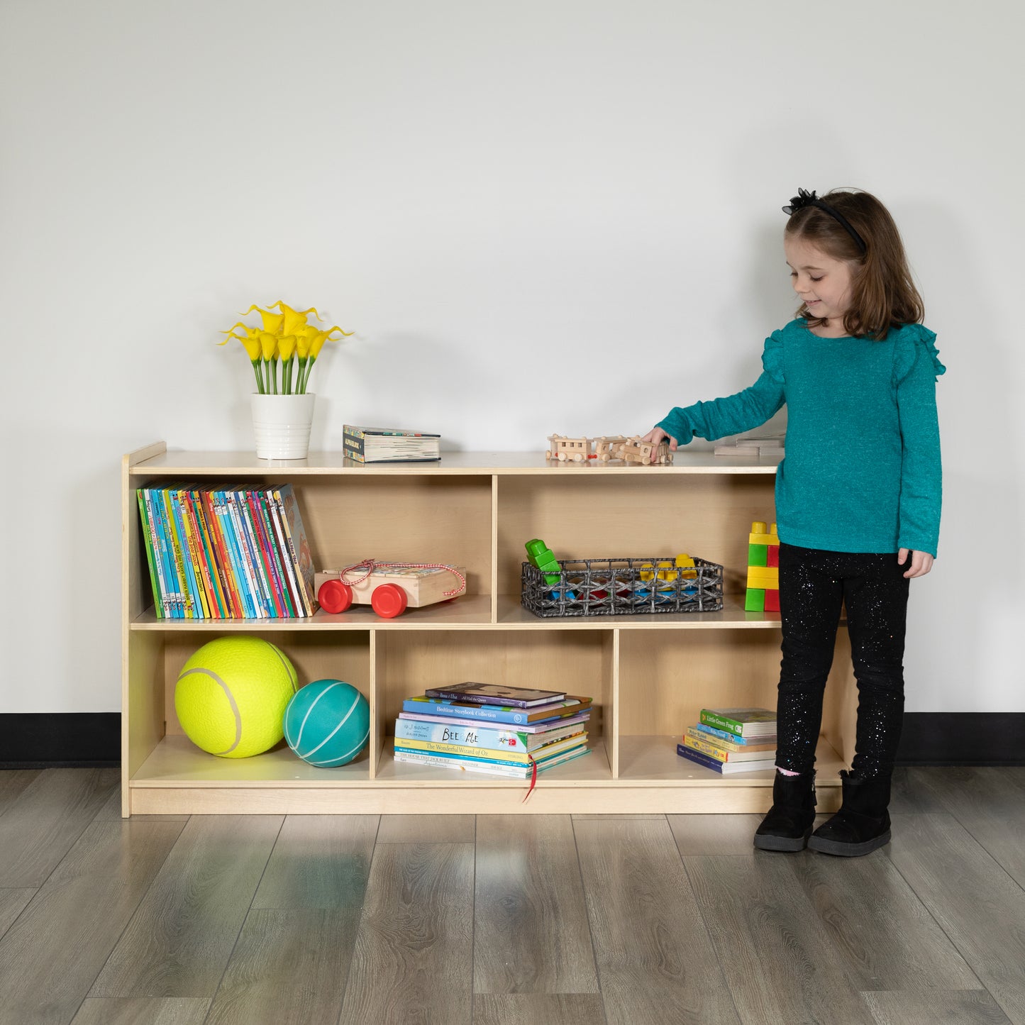 Hercules Wooden 5 Section School Classroom Storage Cabinet for Commercial or Home Use - Safe, Kid Friendly Design - 24"H x 48"L (Natural) Natural
