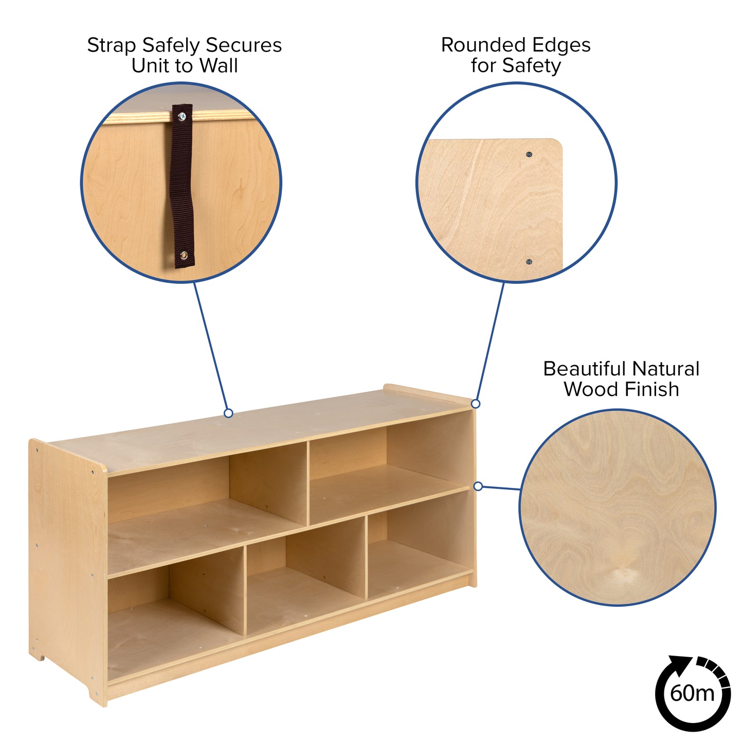 Hercules Wooden 5 Section School Classroom Storage Cabinet for Commercial or Home Use - Safe, Kid Friendly Design - 24"H x 48"L (Natural) Natural