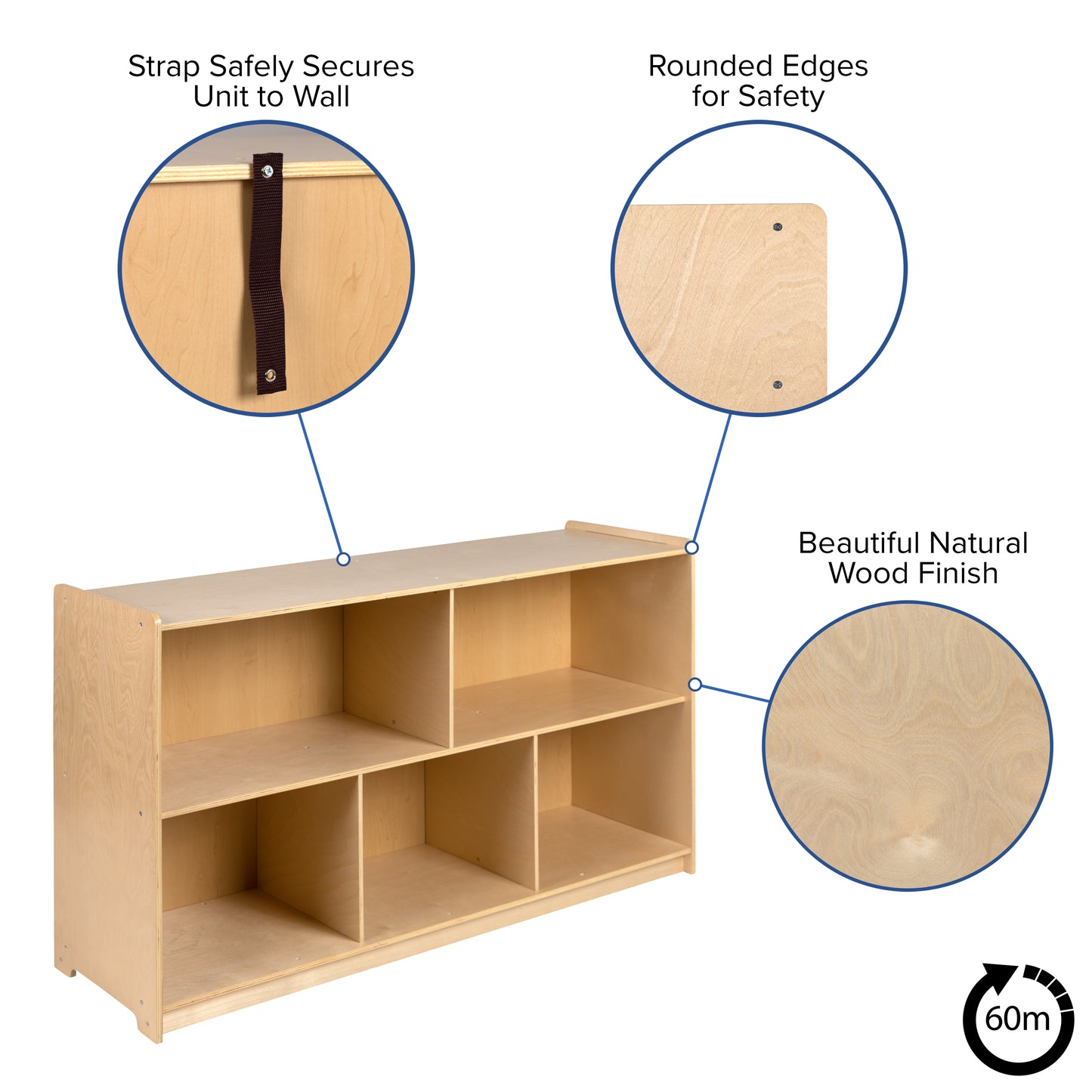 Hercules Wooden 5 Section School Classroom Storage Cabinet for Commercial or Home Use - Safe, Kid Friendly Design - 30"H x 48"L (Natural) Natural