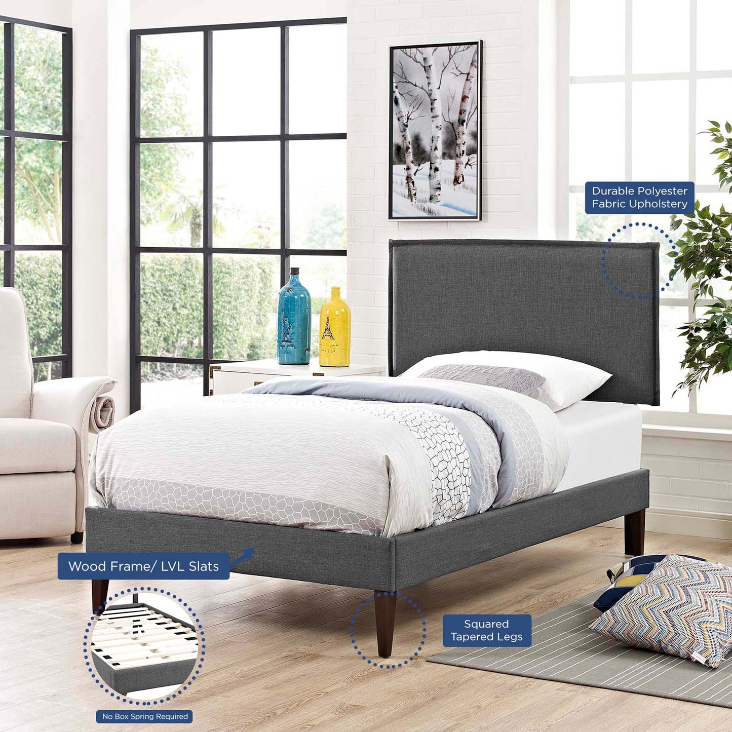 Amaris Fabric Twin Platform Bed with Squared Tapered Legs by Modway MOD-5906-GRY