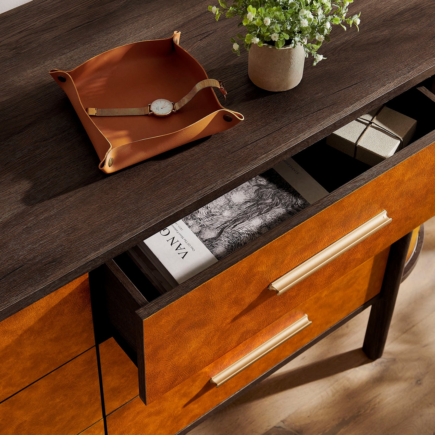 Coralie Curved 6-Drawer Vegan Leather Oval Dresser by Modway MOD-7228-WAL-TAN