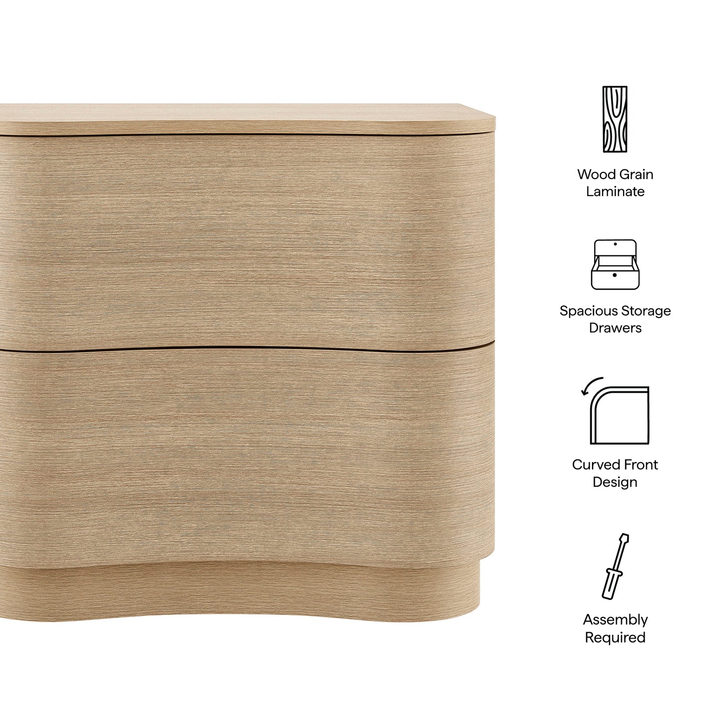 Mirae 2-Drawer Curved Nightstand by Modway - Wooden Bedside Accent Table