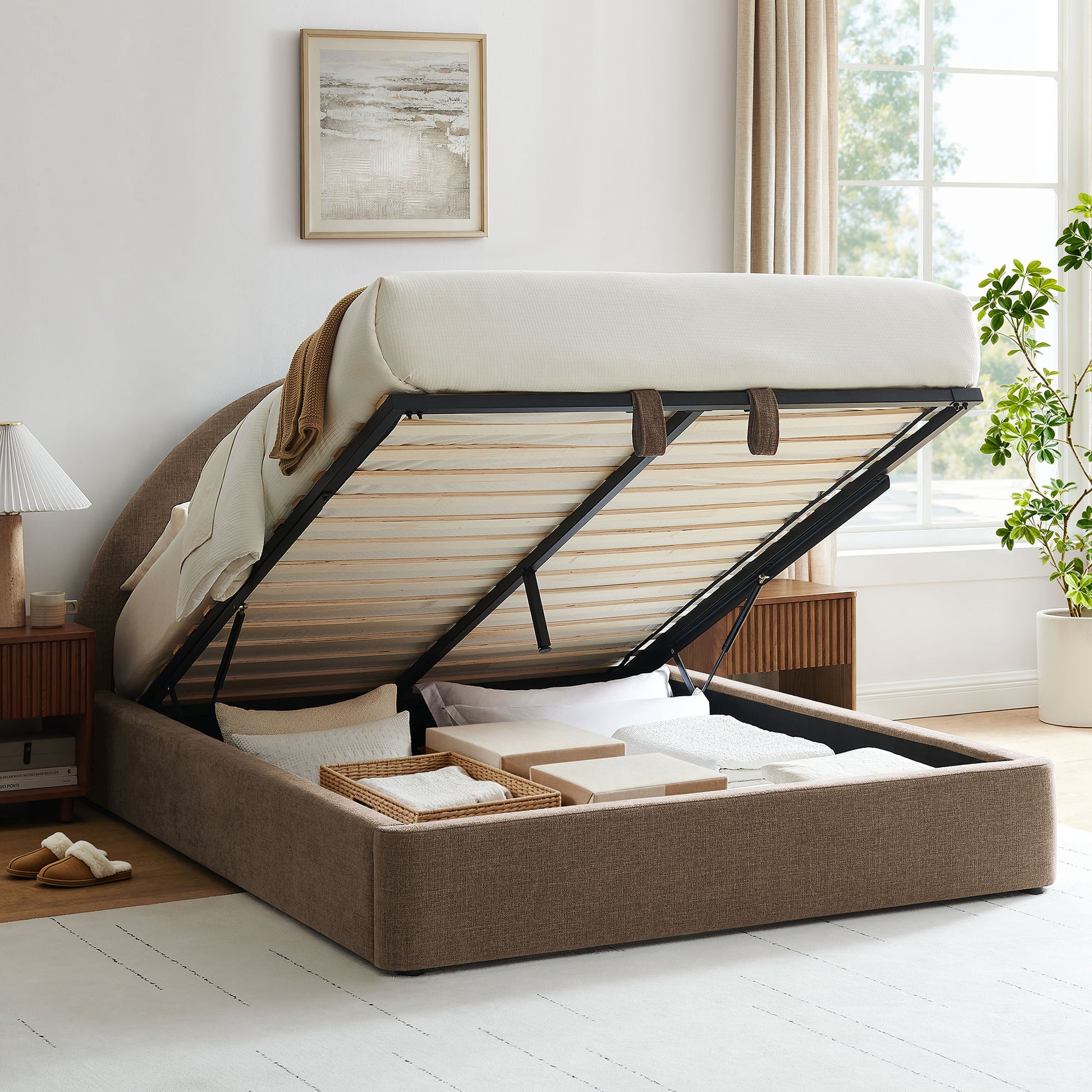 Resort King Arched Upholstered Fabric Storage Platform Bed Frame by Modway