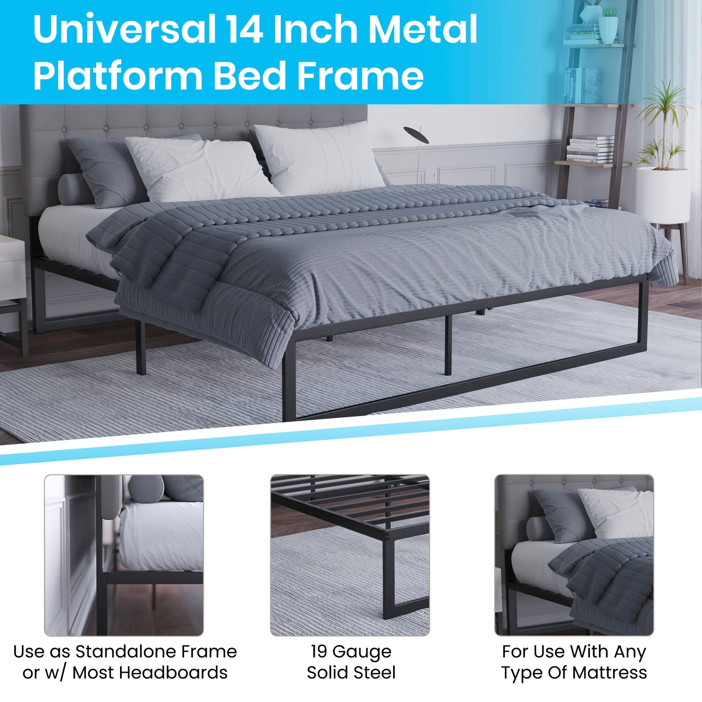 Bentley Universal 14 Inch Metal Platform Bed Frame - No Box Spring Needed w/ Steel Slat Support and Quick Lock Functionality - King Black MP-XU-BD10001-K-BK-GG