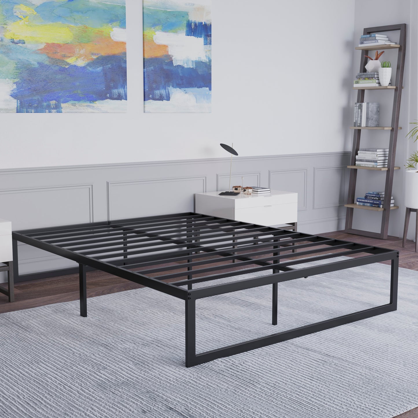 Bentley Universal 14 Inch Metal Platform Bed Frame - No Box Spring Needed w/ Steel Slat Support and Quick Lock Functionality - Queen Black