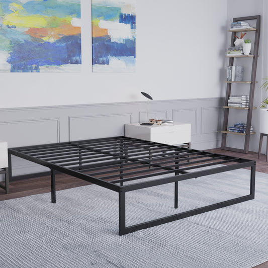 Bentley Universal 14 Inch Metal Platform Bed Frame - No Box Spring Needed w/ Steel Slat Support and Quick Lock Functionality - Queen Black MP-XU-BD10001-Q-BK-GG