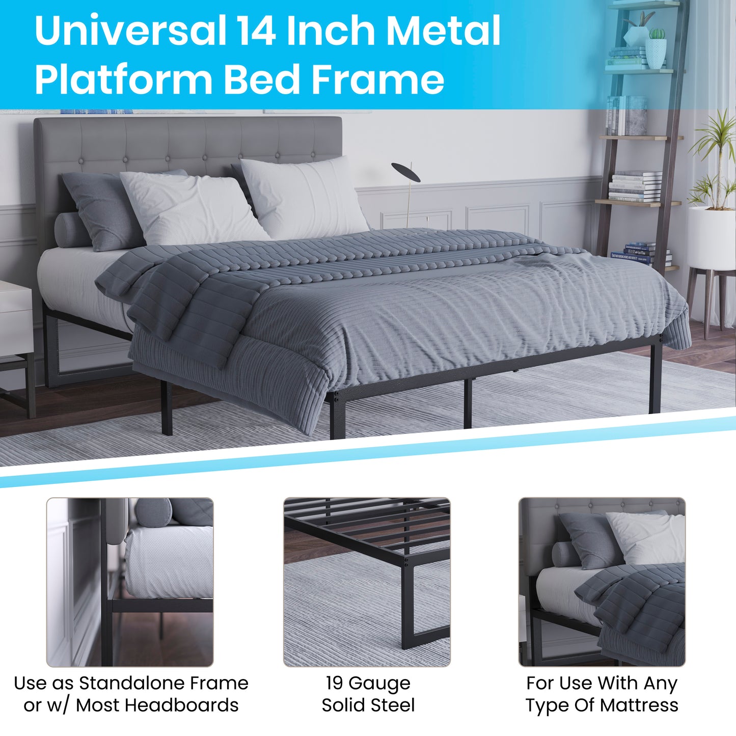 Bentley Universal 14 Inch Metal Platform Bed Frame - No Box Spring Needed w/ Steel Slat Support and Quick Lock Functionality - Queen Black