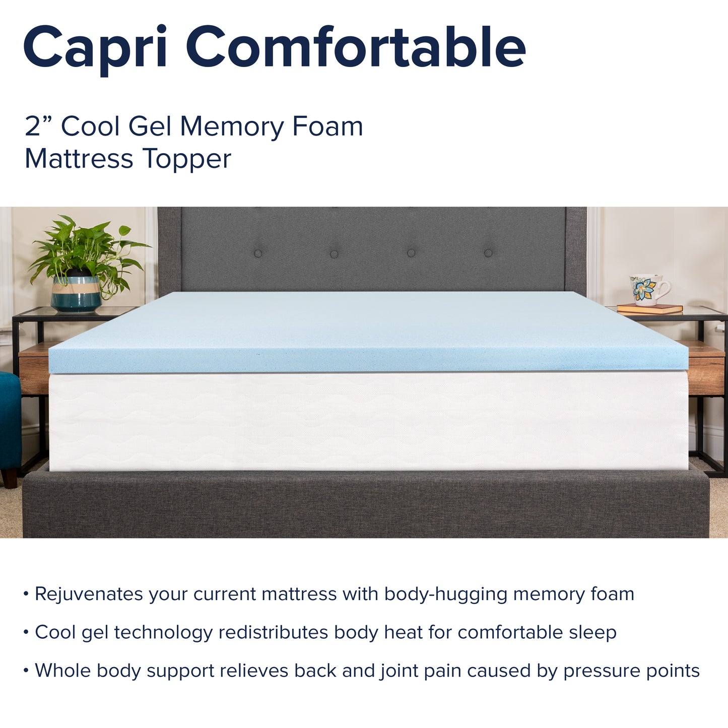 Capri Comfortable Sleep 2 inch Cooling Gel Mattress Topper with CertiPUR-US Certified Memory Foam - Twin Blue