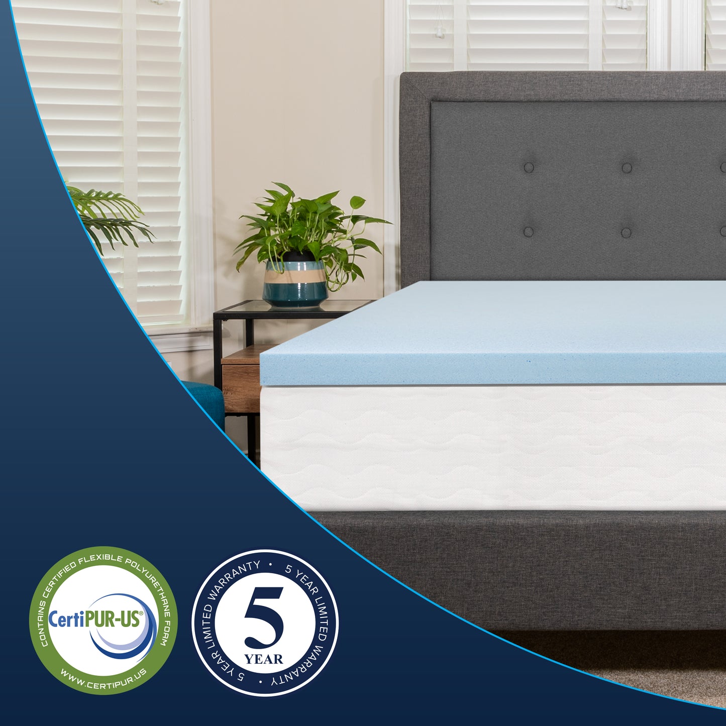 Capri Comfortable Sleep 3 inch Cooling Gel Mattress Topper with CertiPUR-US Certified Memory Foam - King Blue