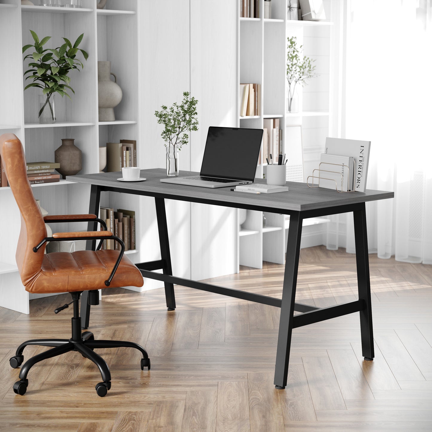 Redmond Commercial 60x24 Conference Table with 1" Thick Double Sided Laminate Table Top with PVC Edging and Heavy Duty A-Frame Steel Base, Gray Oak Gray Oak