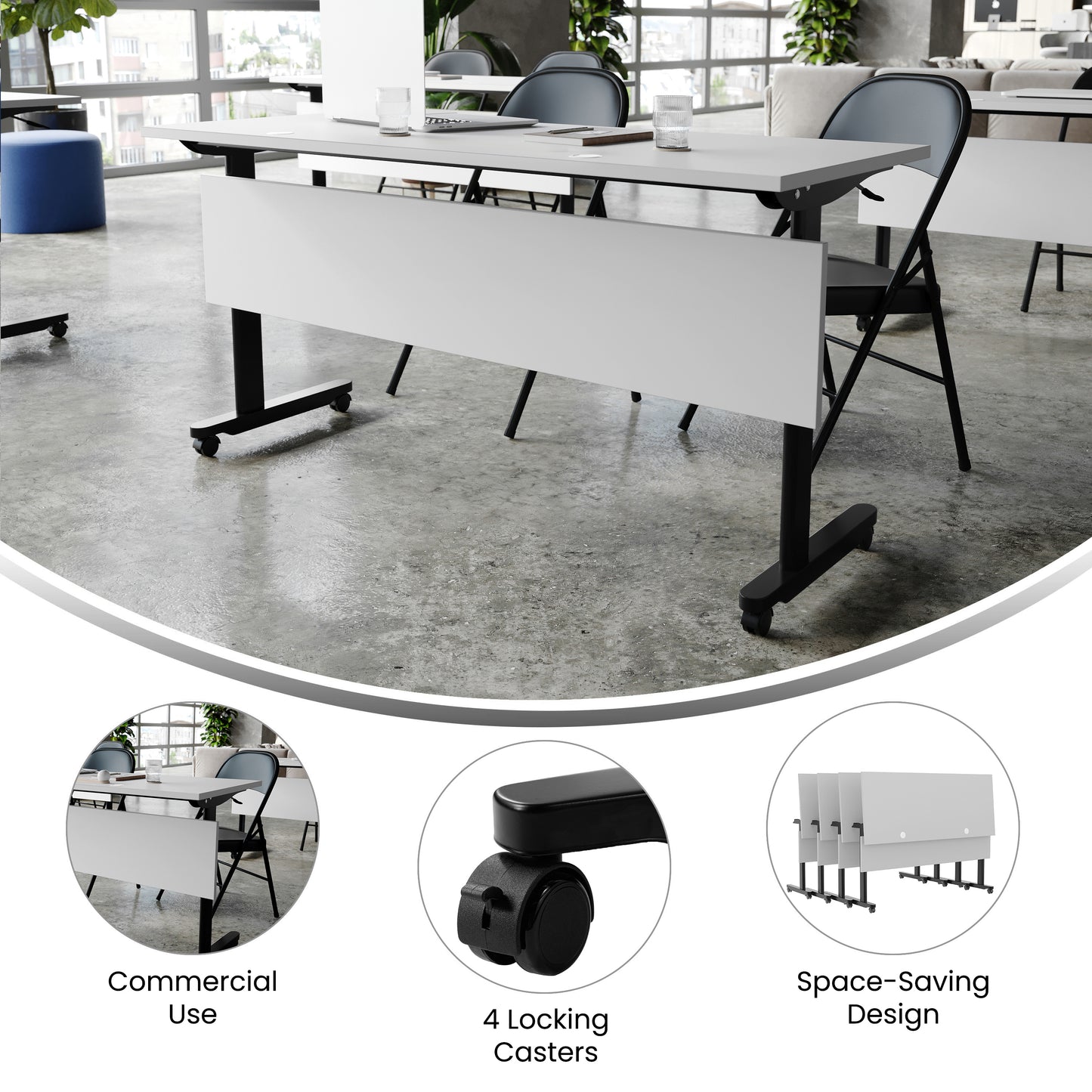 Palmer Commercial Grade 60" x 24" Heavy-Duty Nesting Flip Training Table with T-Legs, Modesty Panel, 1" Thick Gray Tabletop, and Black Steel Frame Gray Top/Black Frame