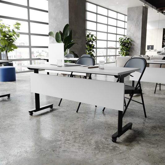 Palmer Commercial Grade 60" x 24" Heavy-Duty Nesting Flip Training Table with T-Legs, Modesty Panel, 1" Thick Gray Tabletop, and Black Steel Frame Gray Top/Black Frame