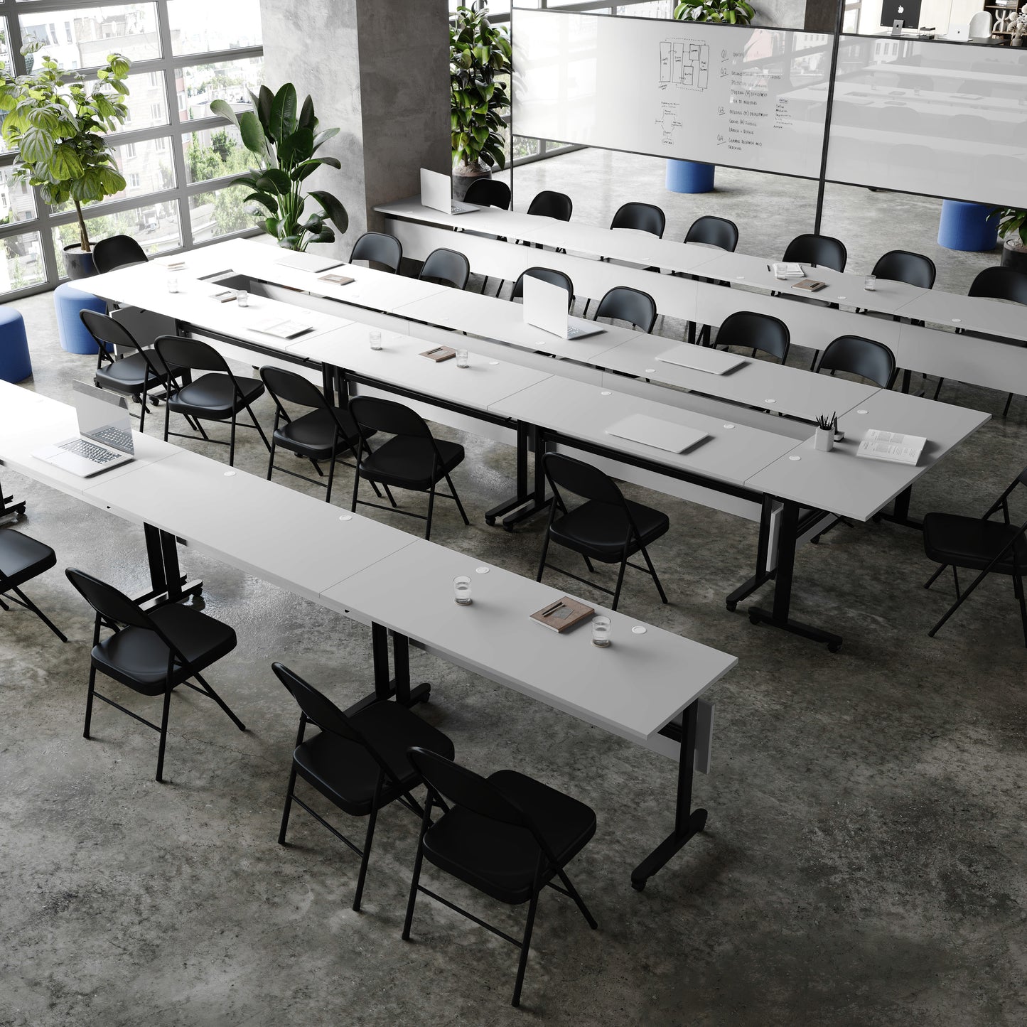 Palmer Commercial Grade 60" x 24" Heavy-Duty Nesting Flip Training Table with T-Legs, Modesty Panel, 1" Thick Gray Tabletop, and Black Steel Frame Gray Top/Black Frame