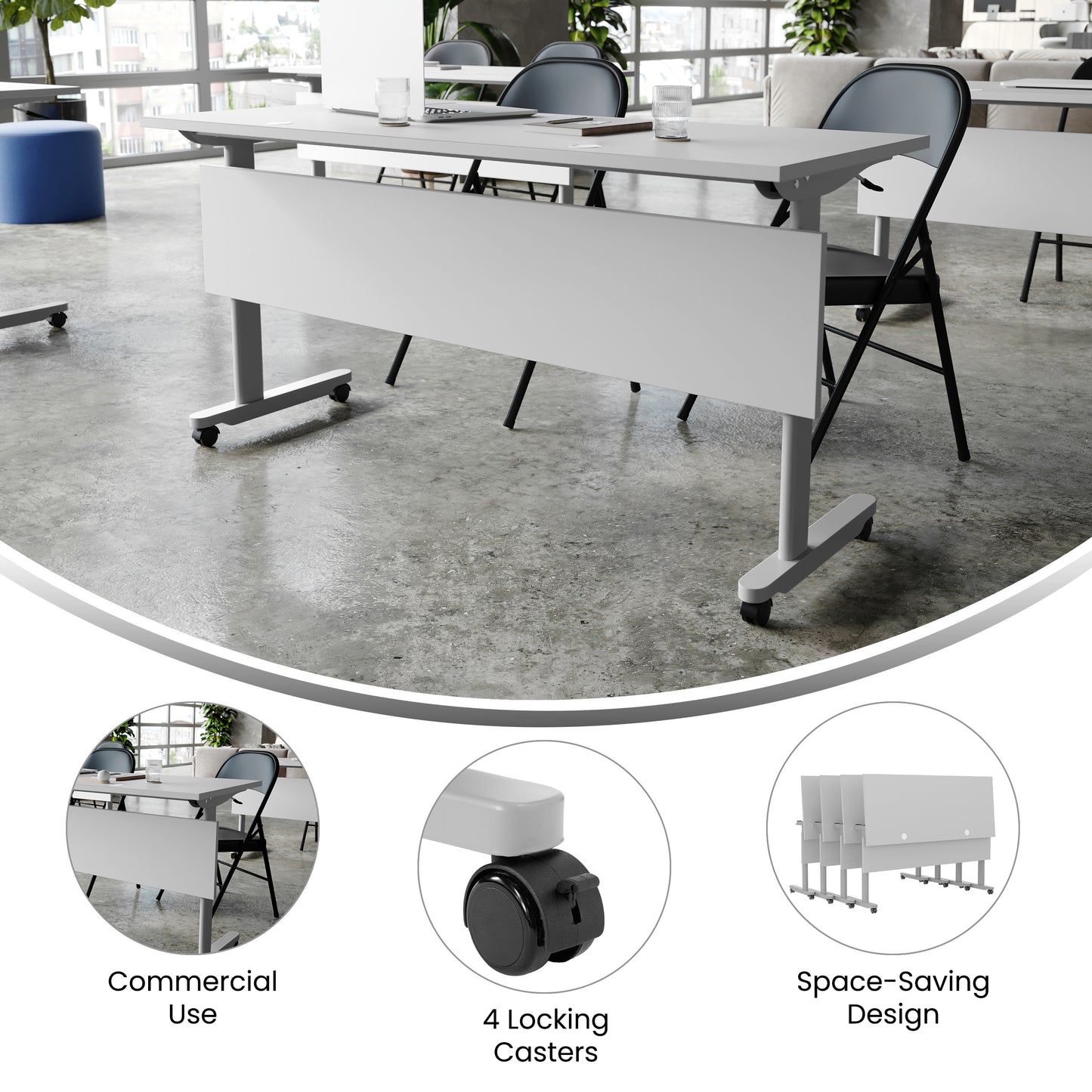 Palmer Commercial Grade 60" x 24" Heavy-Duty Nesting Flip Training Table with T-Legs, Modesty Panel, 1" Thick Gray Tabletop, and Gray Steel Frame Gray Top/Gray Frame