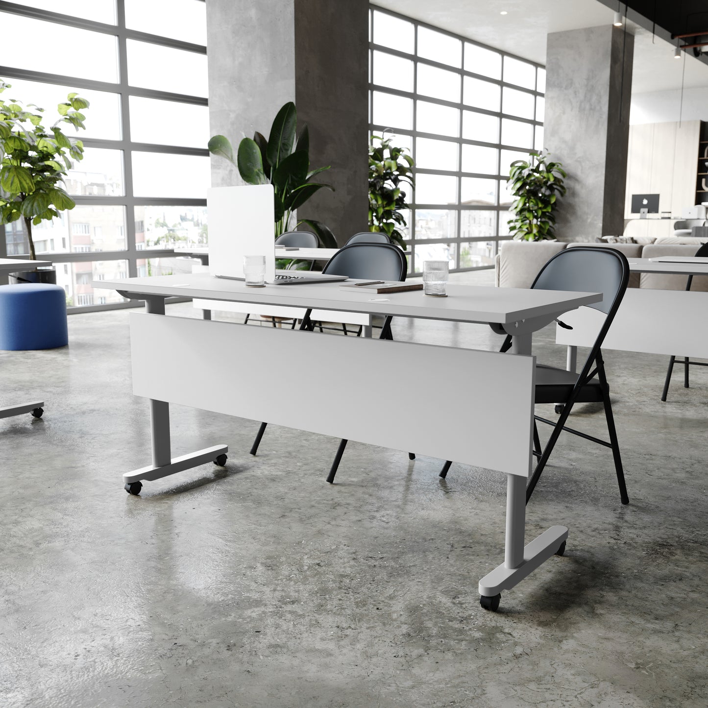 Palmer Commercial Grade 60" x 24" Heavy-Duty Nesting Flip Training Table with T-Legs, Modesty Panel, 1" Thick Gray Tabletop, and Gray Steel Frame Gray Top/Gray Frame