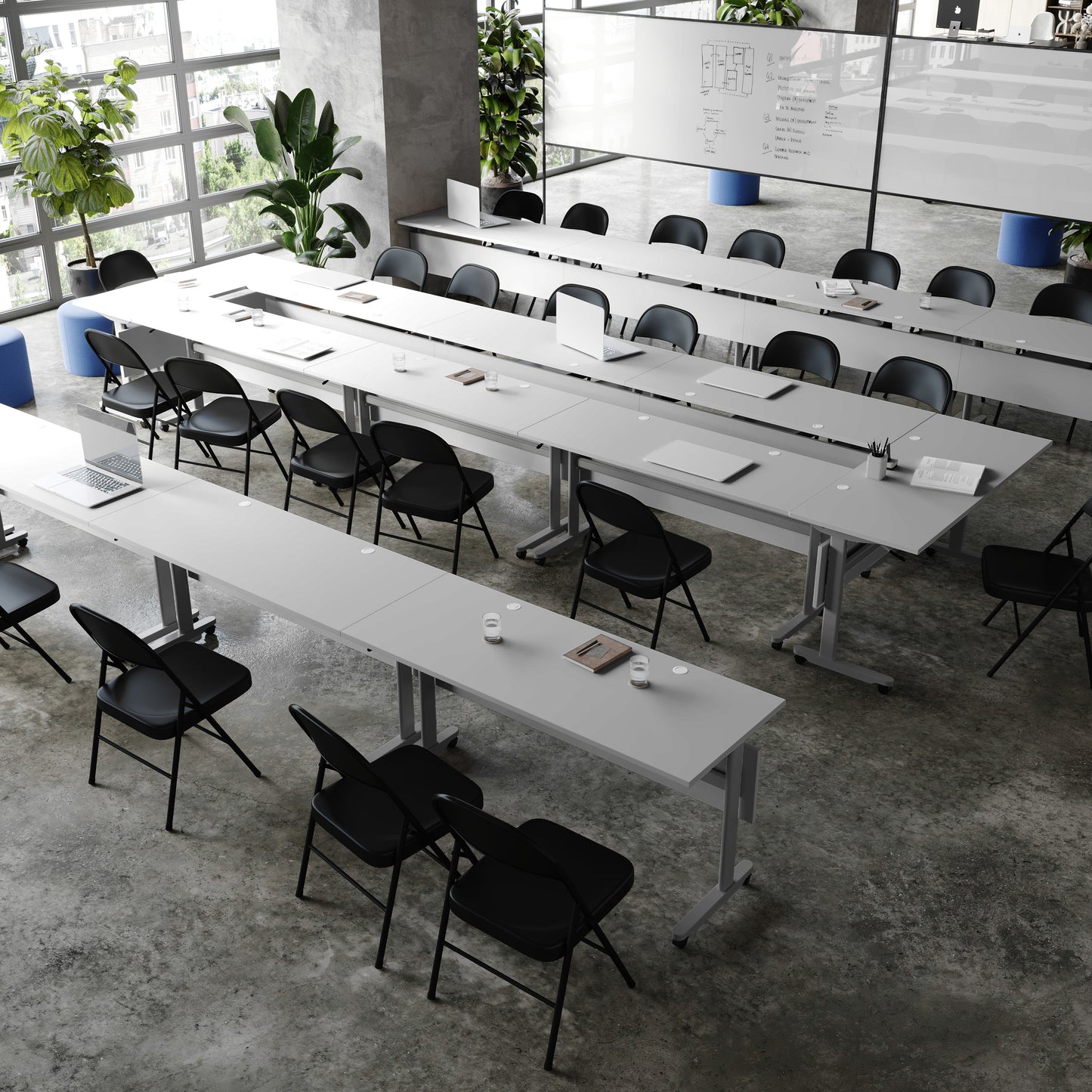 Palmer Commercial Grade 60" x 24" Heavy-Duty Nesting Flip Training Table with T-Legs, Modesty Panel, 1" Thick Gray Tabletop, and Gray Steel Frame Gray Top/Gray Frame