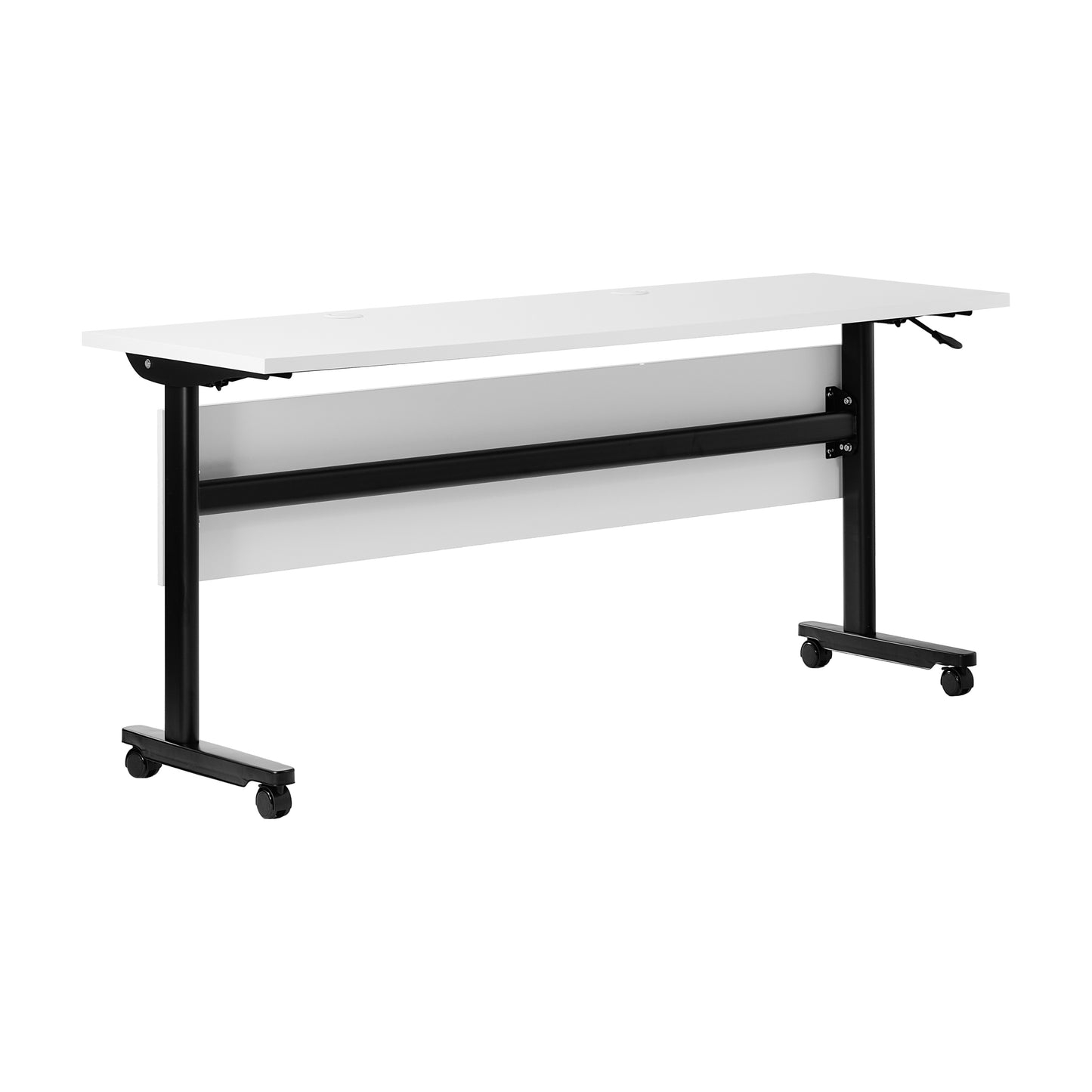 Palmer Commercial Grade 60" x 24" Heavy-Duty Nesting Flip Training Table with T-Legs, Modesty Panel, 1" Thick White Tabletop, and Black Steel Frame White Top/Black Frame