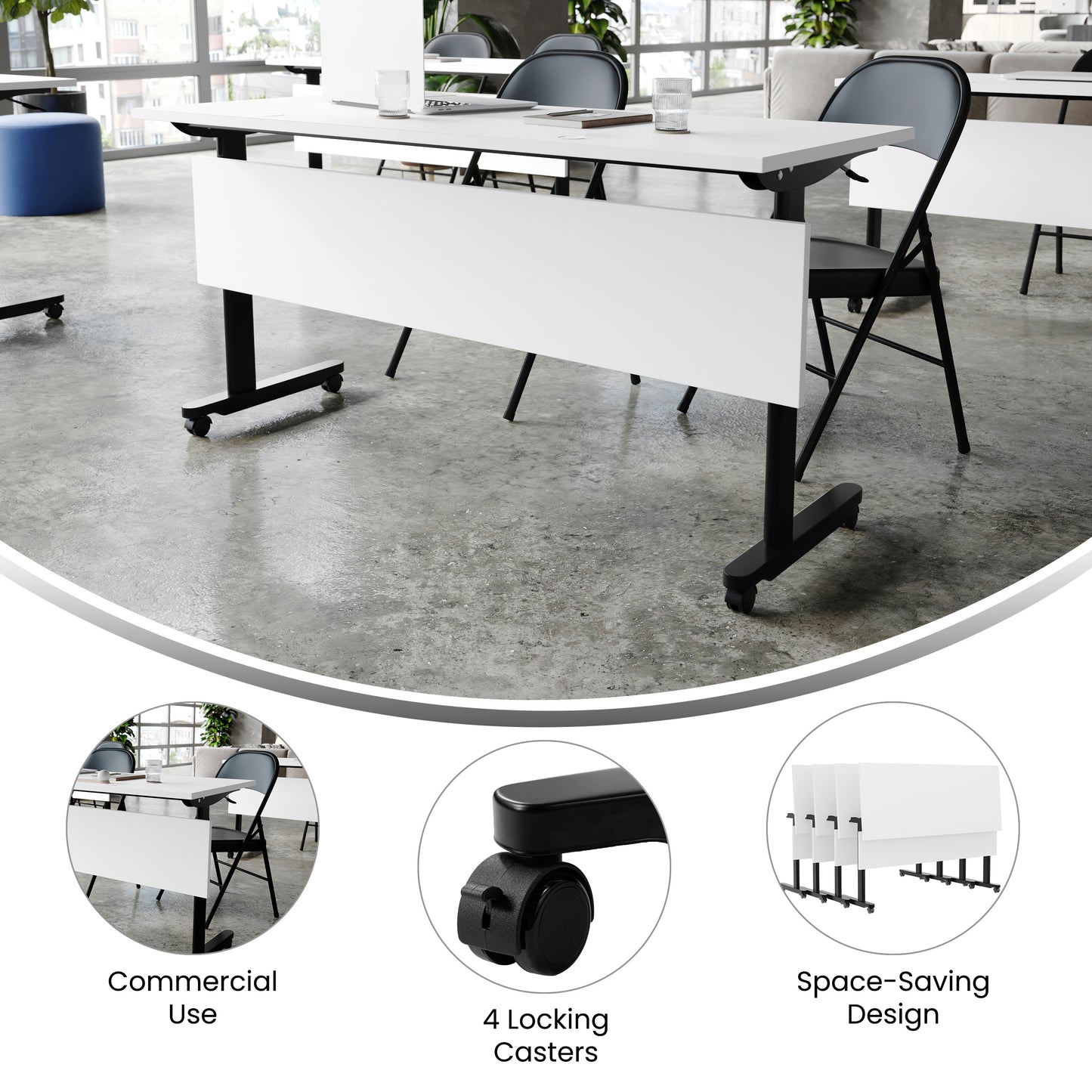 Palmer Commercial Grade 60" x 24" Heavy-Duty Nesting Flip Training Table with T-Legs, Modesty Panel, 1" Thick White Tabletop, and Black Steel Frame White Top/Black Frame
