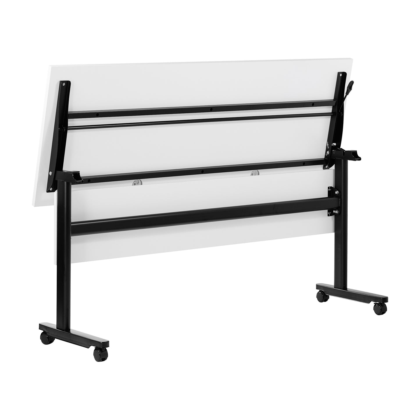 Palmer Commercial Grade 60" x 24" Heavy-Duty Nesting Flip Training Table with T-Legs, Modesty Panel, 1" Thick White Tabletop, and Black Steel Frame White Top/Black Frame