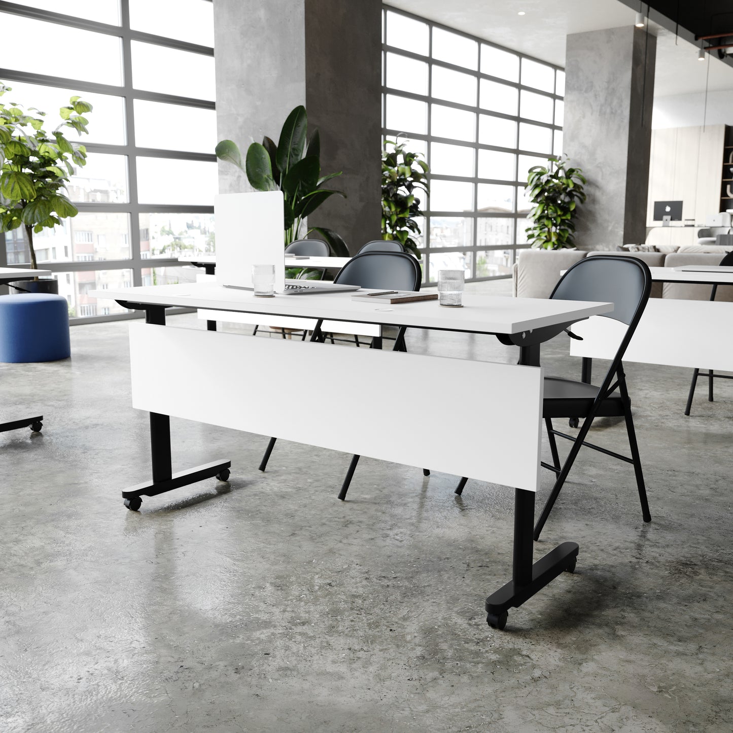 Palmer Commercial Grade 60" x 24" Heavy-Duty Nesting Flip Training Table with T-Legs, Modesty Panel, 1" Thick White Tabletop, and Black Steel Frame White Top/Black Frame