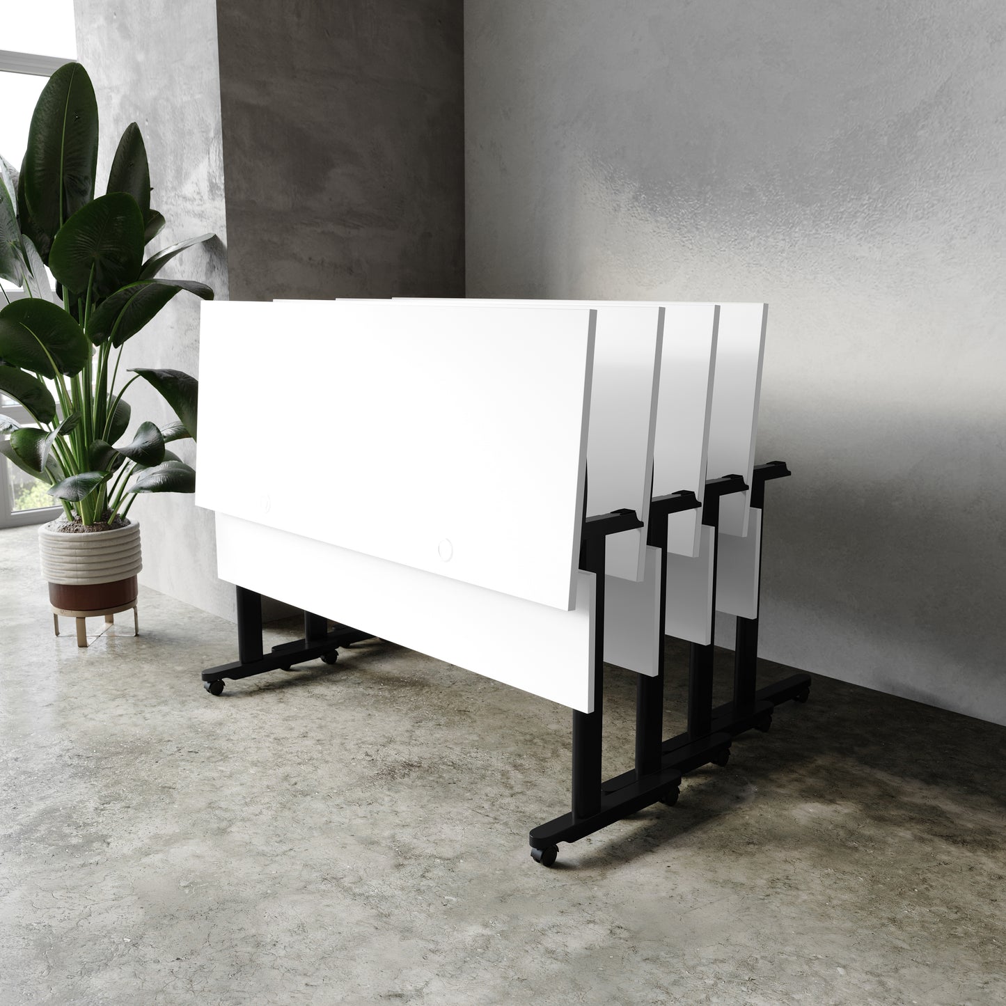 Palmer Commercial Grade 60" x 24" Heavy-Duty Nesting Flip Training Table with T-Legs, Modesty Panel, 1" Thick White Tabletop, and Black Steel Frame White Top/Black Frame