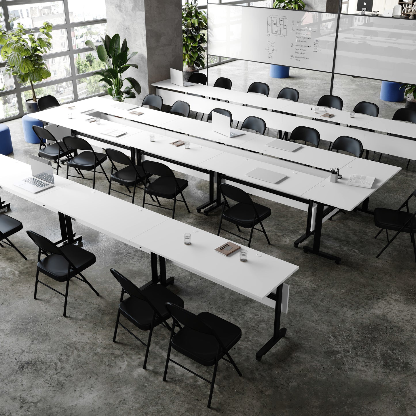 Palmer Commercial Grade 60" x 24" Heavy-Duty Nesting Flip Training Table with T-Legs, Modesty Panel, 1" Thick White Tabletop, and Black Steel Frame White Top/Black Frame