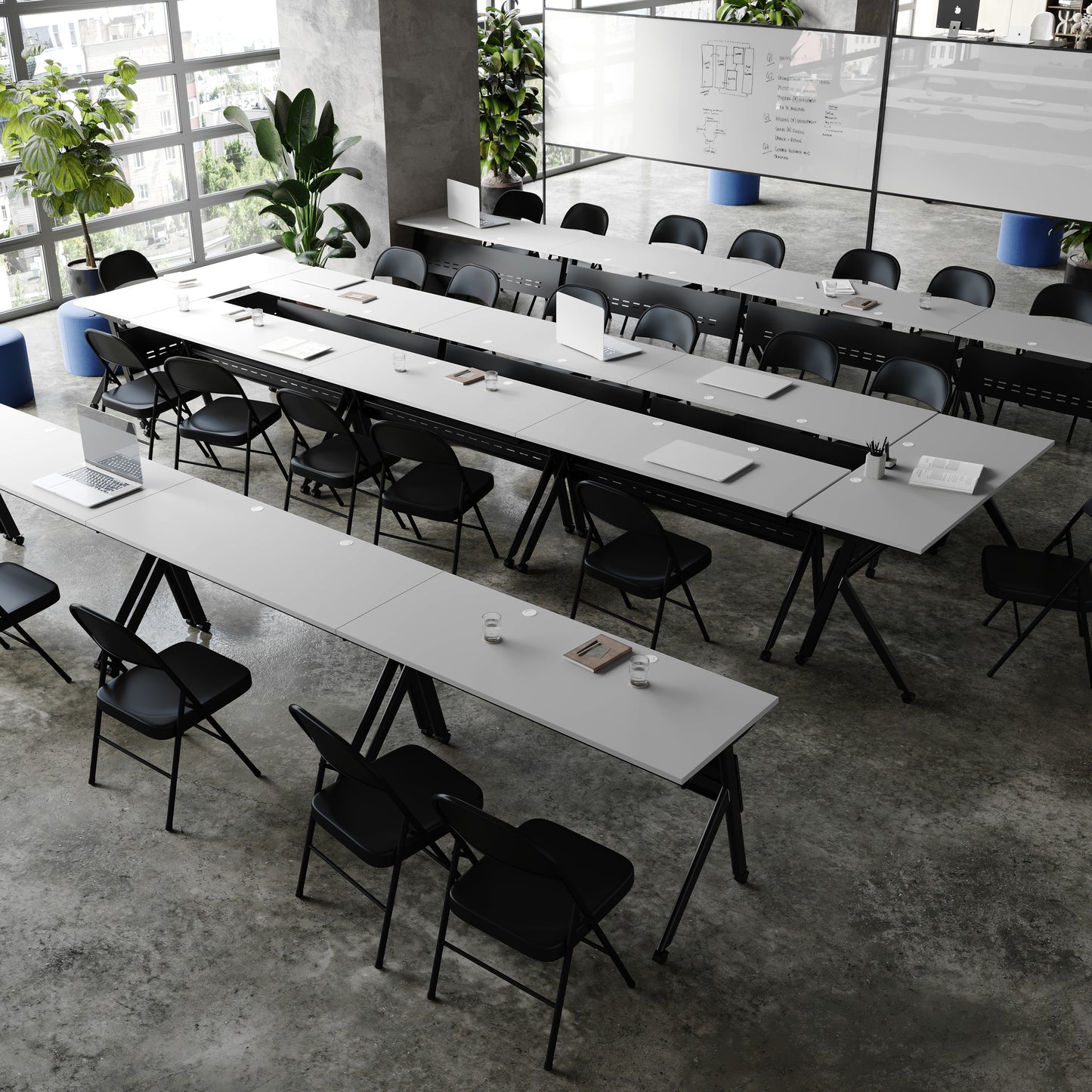 Davis Commercial Grade 60" x 24" Heavy-Duty Nesting Flip Training Table with Y-Legs, Modesty Panel, 1" Thick Gray Tabletop, and Black Steel Frame Gray Top/Black Frame