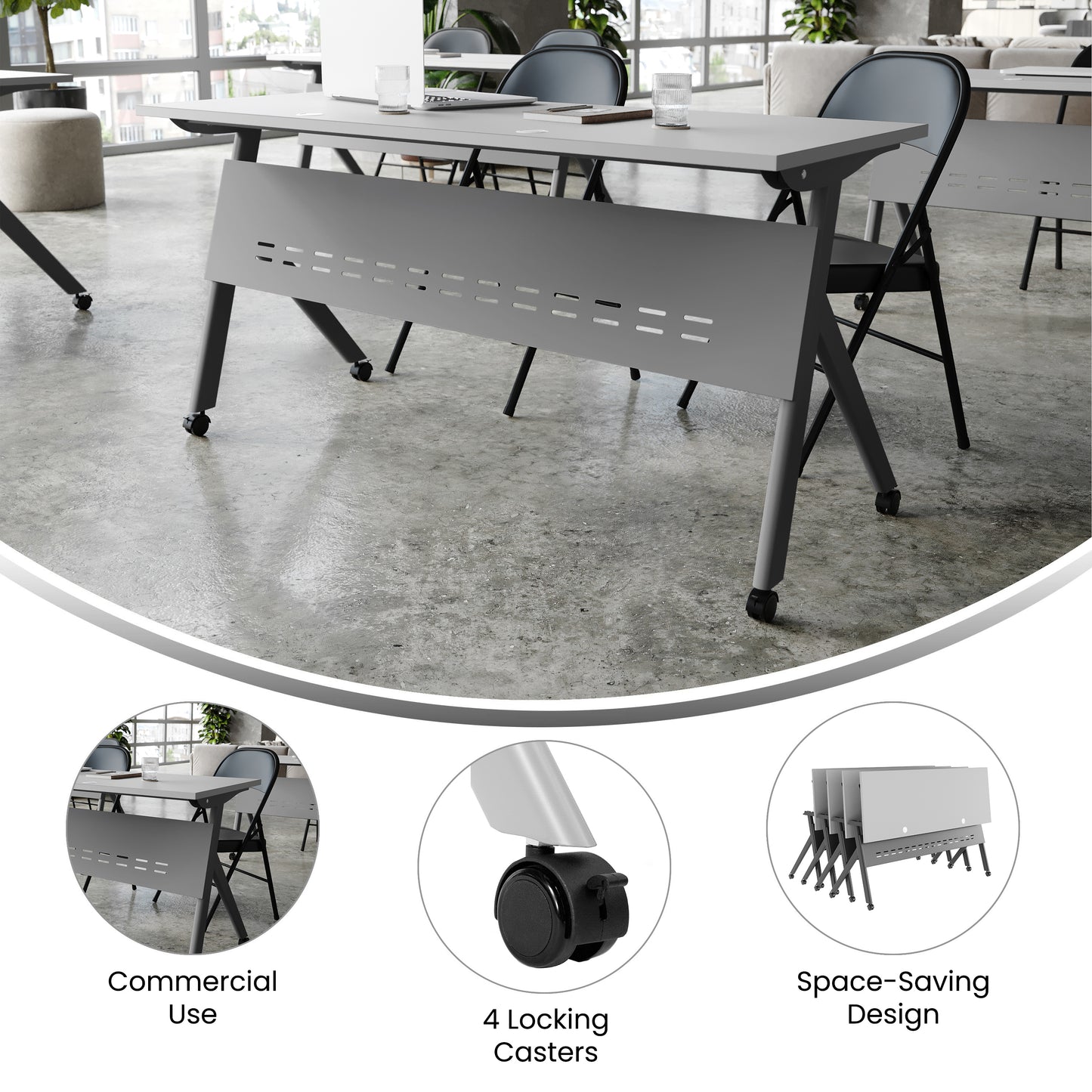 Davis Commercial Grade 60" x 24" Heavy-Duty Nesting Flip Training Table with Y-Legs, Modesty Panel, 1" Thick Gray Tabletop, and Gray Steel Frame Gray Top/Gray Frame
