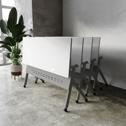 Davis Commercial Grade 60" x 24" Heavy-Duty Nesting Flip Training Table with Y-Legs, Modesty Panel, 1" Thick Gray Tabletop, and Gray Steel Frame Gray Top/Gray Frame