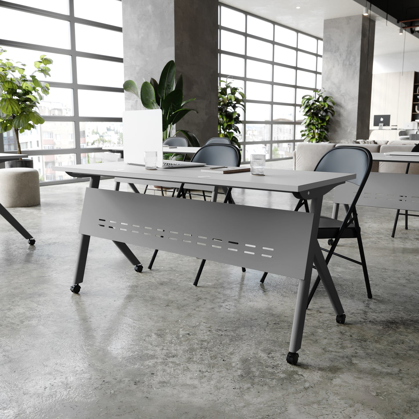 Davis Commercial Grade 60" x 24" Heavy-Duty Nesting Flip Training Table with Y-Legs, Modesty Panel, 1" Thick Gray Tabletop, and Gray Steel Frame Gray Top/Gray Frame