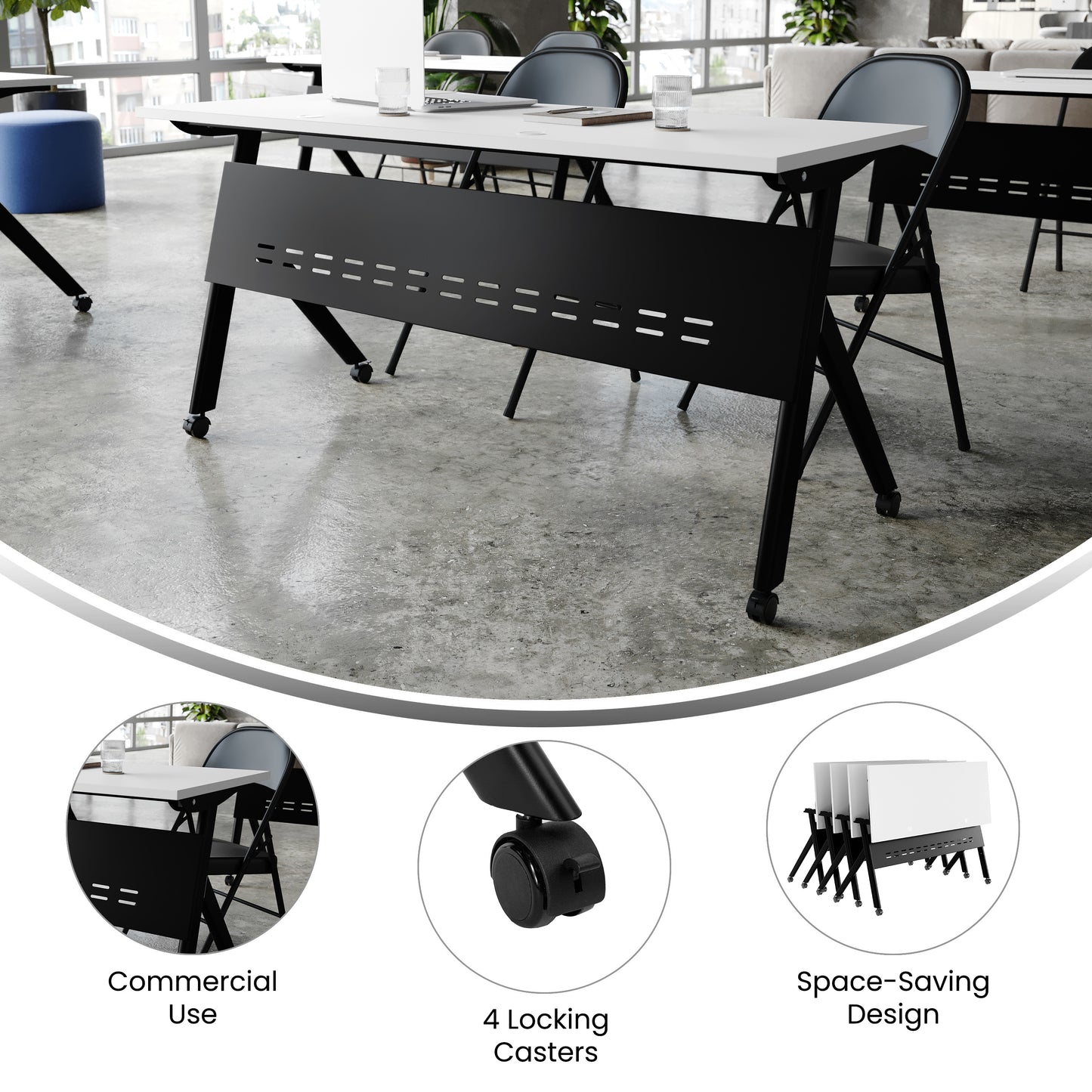 Davis Commercial Grade 60" x 24" Heavy-Duty Nesting Flip Training Table with Y-Legs, Modesty Panel, 1" Thick White Tabletop, and Black Steel Frame White Top/Black Frame