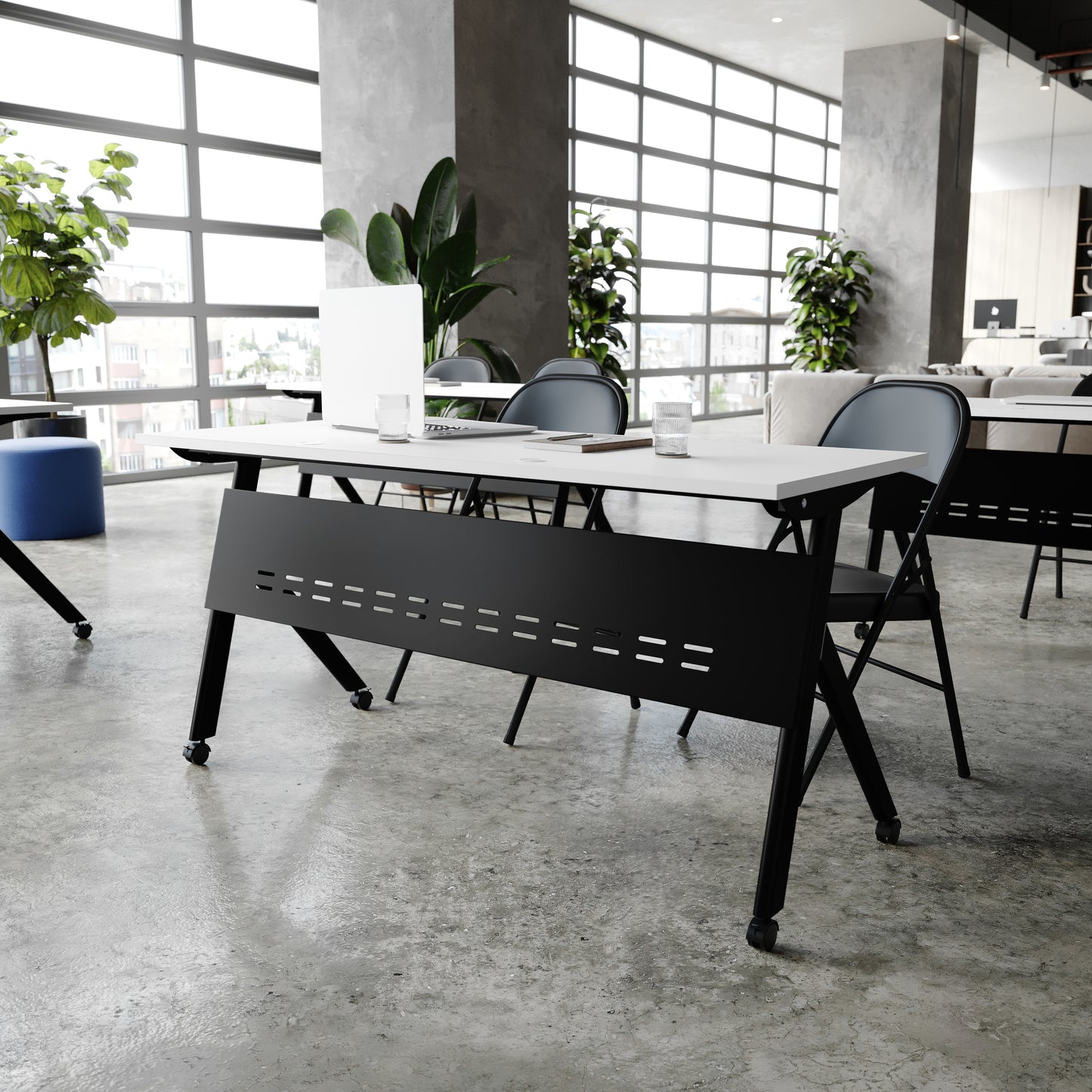 Davis Commercial Grade 60" x 24" Heavy-Duty Nesting Flip Training Table with Y-Legs, Modesty Panel, 1" Thick White Tabletop, and Black Steel Frame White Top/Black Frame