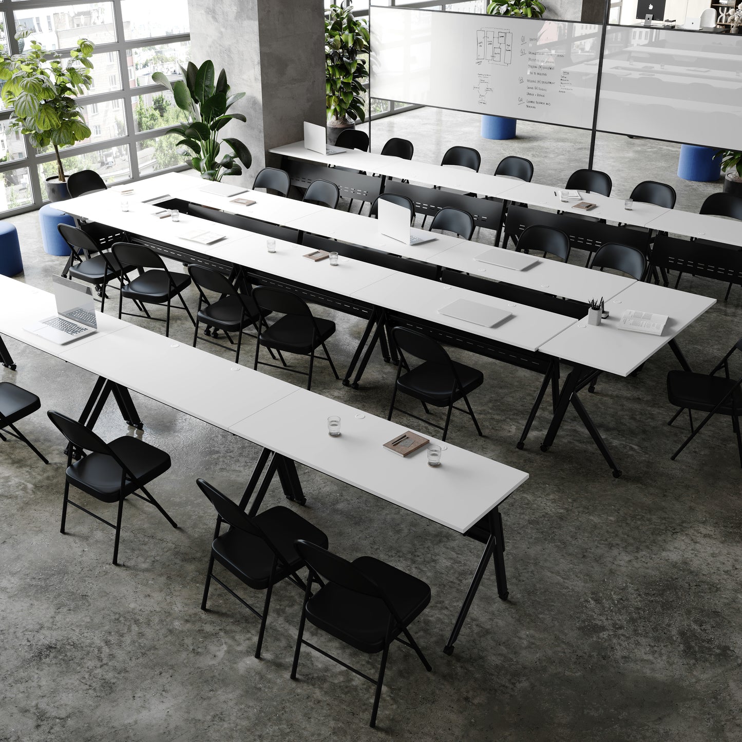 Davis Commercial Grade 60" x 24" Heavy-Duty Nesting Flip Training Table with Y-Legs, Modesty Panel, 1" Thick White Tabletop, and Black Steel Frame White Top/Black Frame