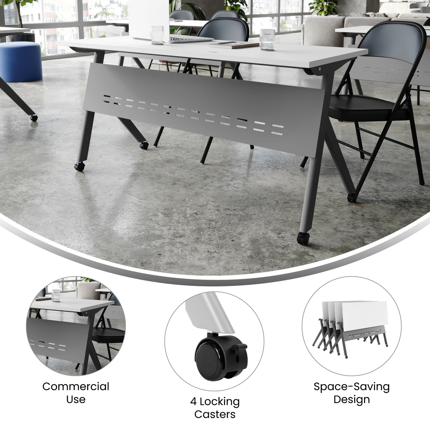 Davis Commercial Grade 60" x 24" Heavy-Duty Nesting Flip Training Table with Y-Legs, Modesty Panel, 1" Thick White Tabletop, and Gray Steel Frame White Top/Gray Frame